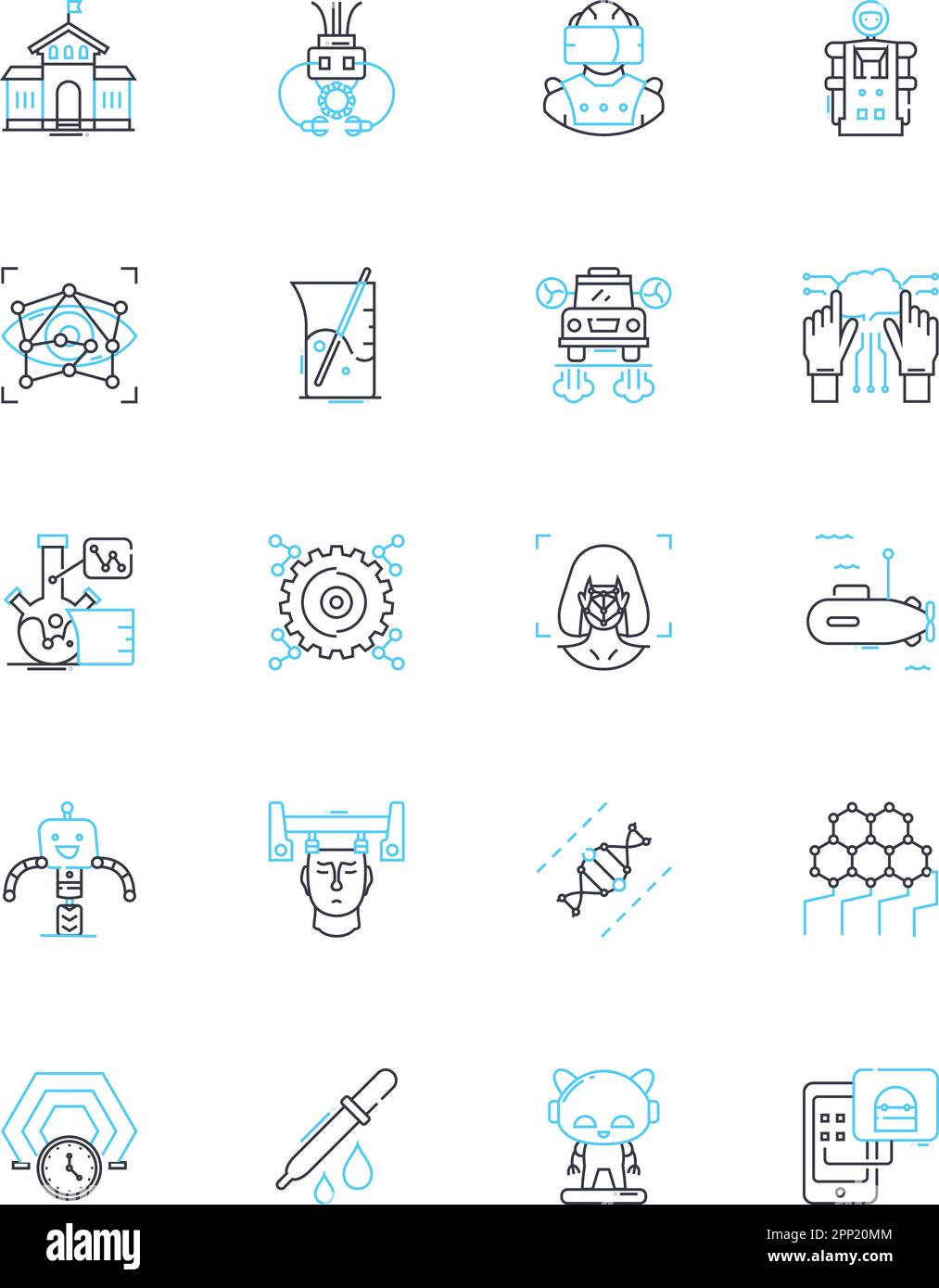 Set di icone lineari per macchinari cognitivi. Cognizione, cervello, intelligenza artificiale, apprendimento automatico, Neural Nerks, Percezione, vettore di linea di attenzione e. Illustrazione Vettoriale