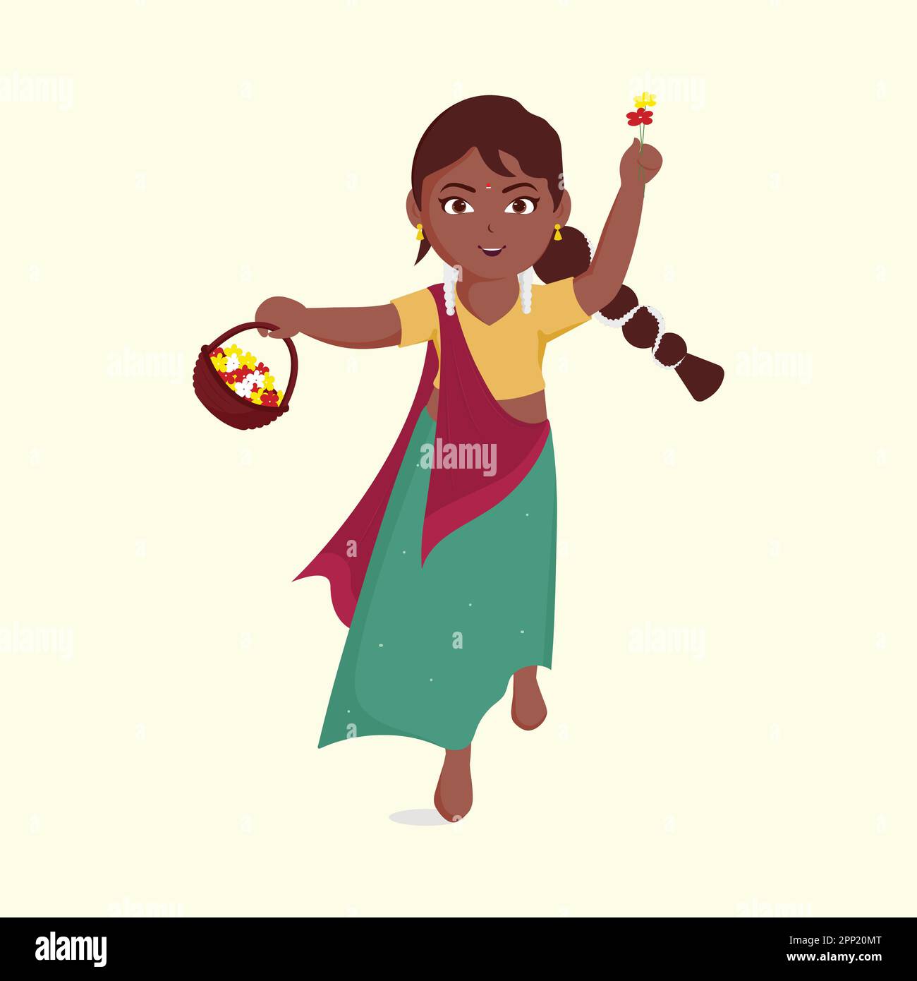 Giovane ragazza del sud indiano carattere con cesto di fiori. Personaggi indiani. Illustrazione Vettoriale