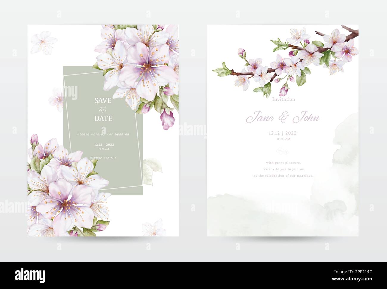 Watercolor ciliegia fiori fioritura invito modello di schede set. Collezione verde acquerello fiori vettore è adatto per matrimoni inviti, sav Illustrazione Vettoriale