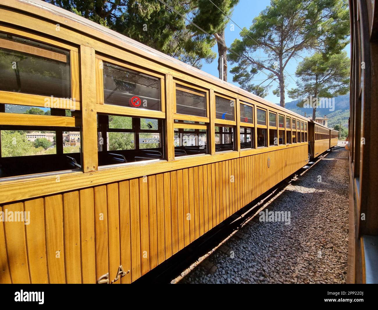 Treno storico vuoto per Soller a Mallorca, Spagna Foto Stock