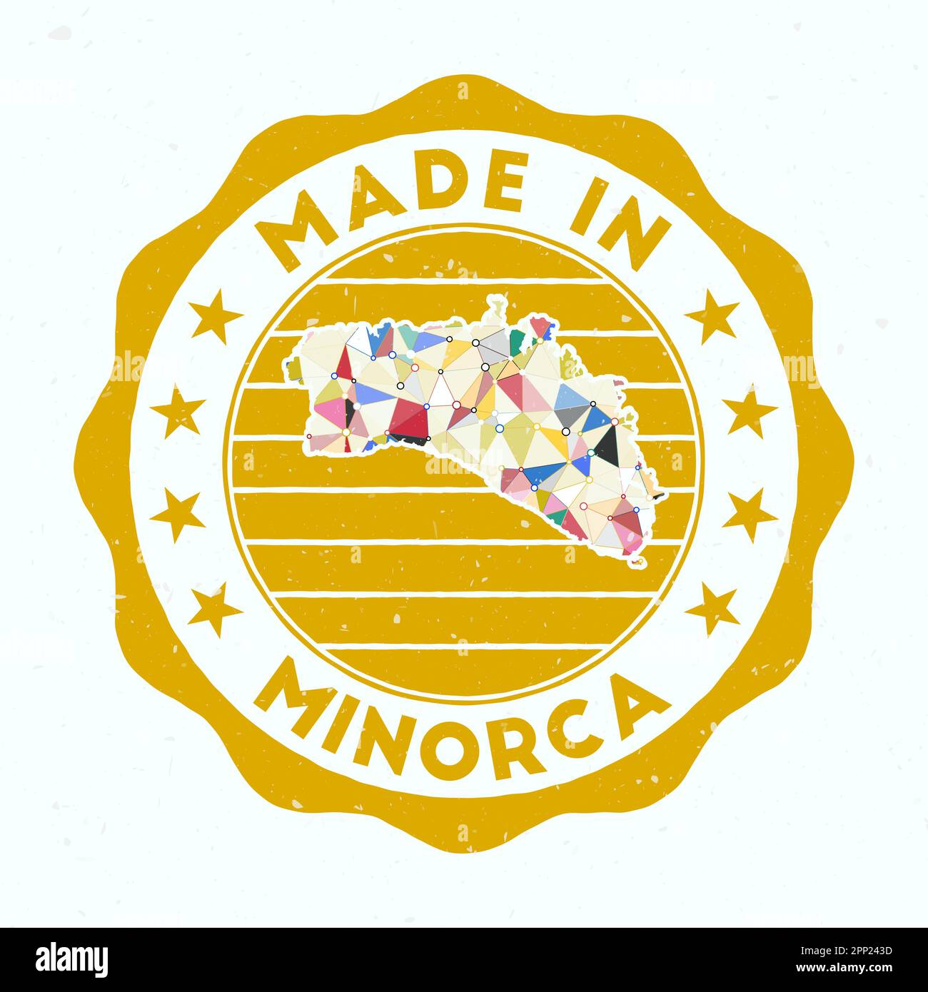 Fabbricato a Minorca. Francobollo rotondo dell'isola. Sigillo di Minorca con forma a bordo. Badge vintage con testo circolare e stelle. Illustrazione vettoriale. Illustrazione Vettoriale