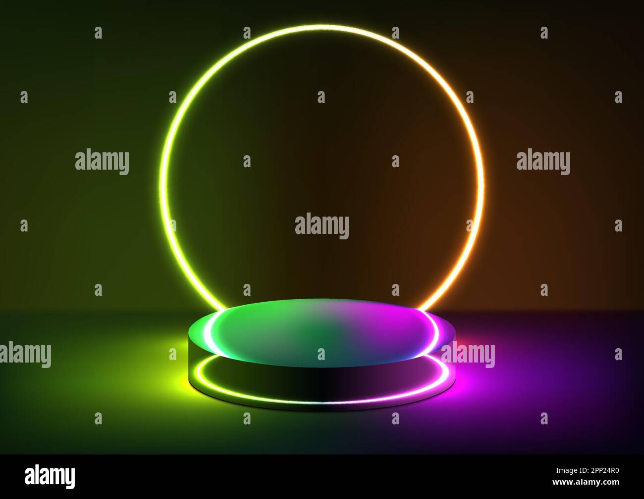3D tecnologia realistica digitale cyberpunk podio display illuminazione al neon con colori al neon brillante linee sfondo cerchio con effetto di illuminazione su blu scuro b Illustrazione Vettoriale