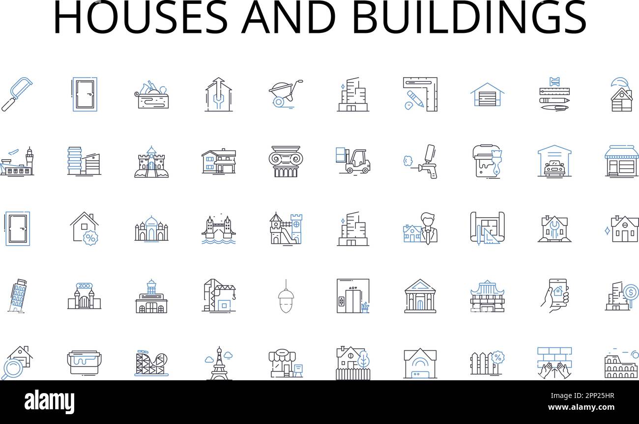 Case ed edifici linea icone collezione. Innovazioni, conquiste, Milests, avanzamenti, realizzazioni, Espansioni, vettore di prowess e lineare Illustrazione Vettoriale