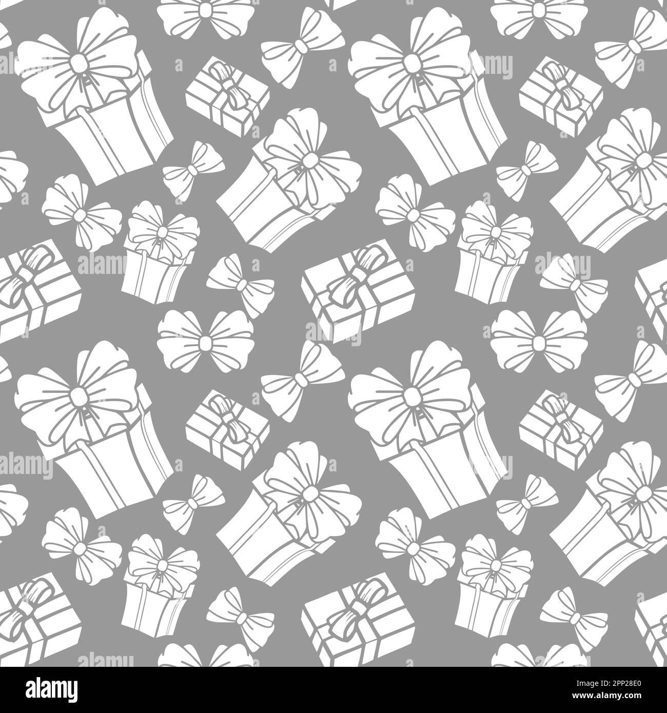 motivo asimmetrico senza cuciture di scatole regalo bianche su sfondo grigio, texture, sfondo Foto Stock