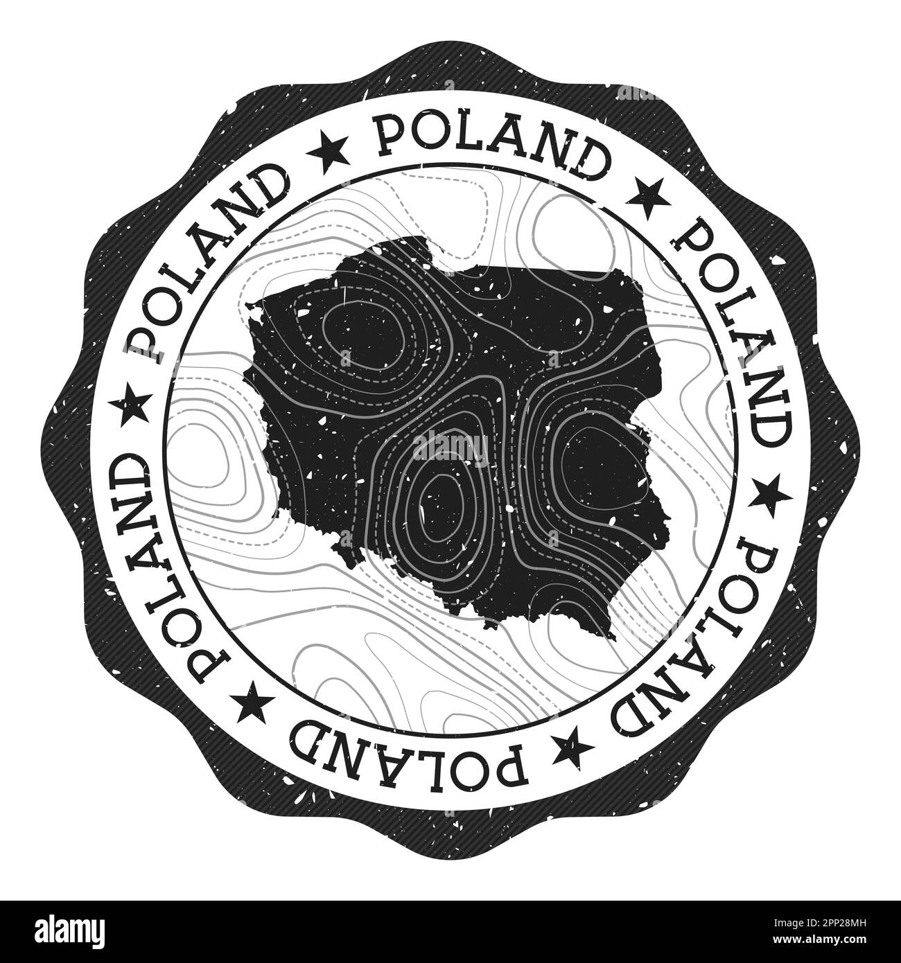Francobollo per esterni Polonia. Adesivo rotondo con mappa del paese con isoline topografiche. Illustrazione vettoriale. Illustrazione Vettoriale
