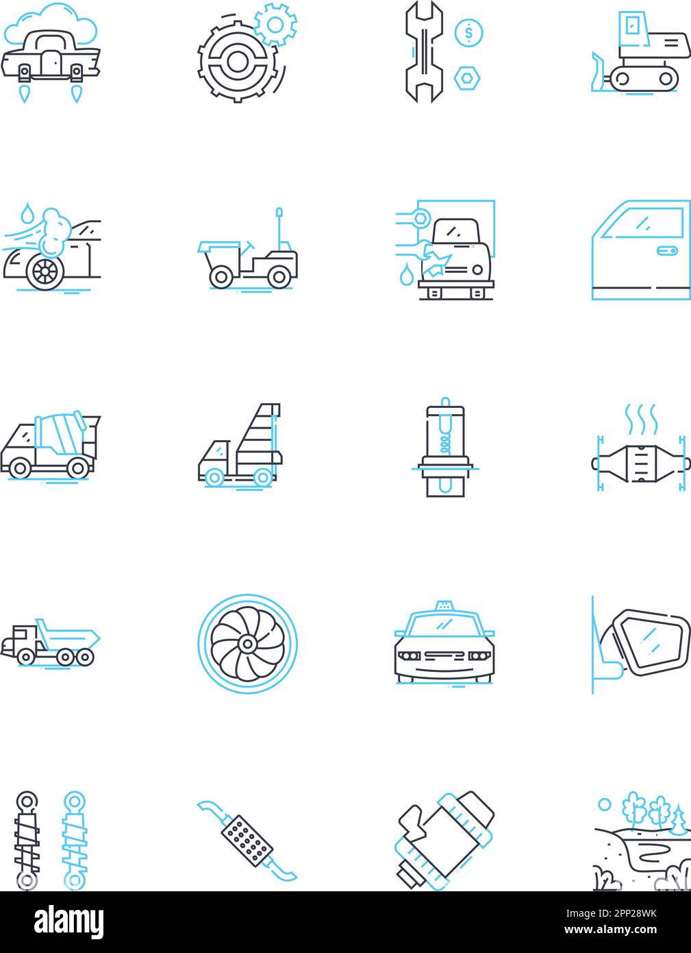 Icone lineari delle parti del motore. Pistone, albero motore, cinghia di distribuzione, albero a camme, monoblocco, Segnali vettoriali e concettuali della valvola, della linea delle candele. Aspirazione Illustrazione Vettoriale