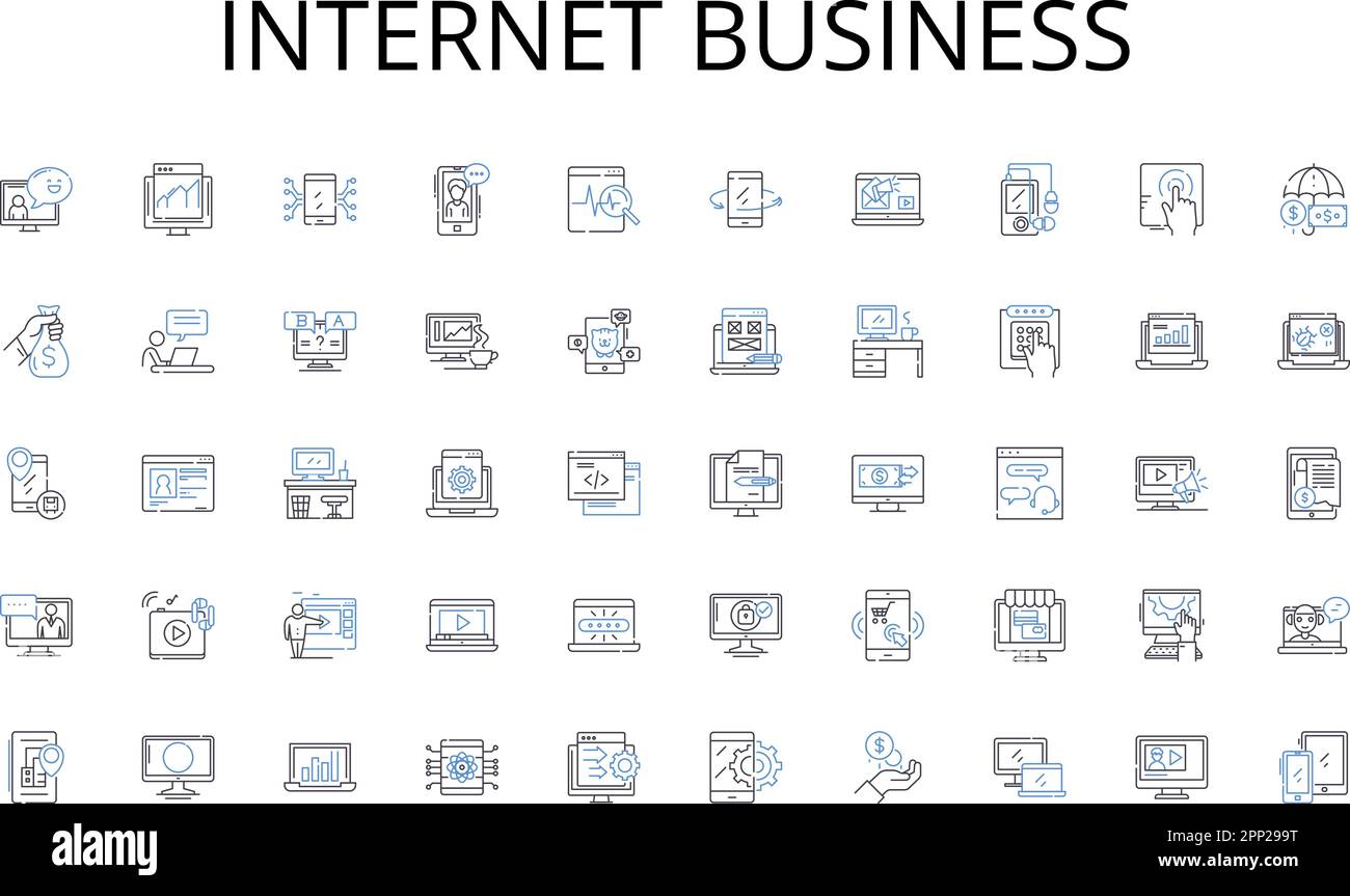 Internet linea di business icone raccolta. Digitale, virtuale, e-commerce, Avvio, Blogging, Freelance, vettore di marketing e illustrazione lineare Illustrazione Vettoriale