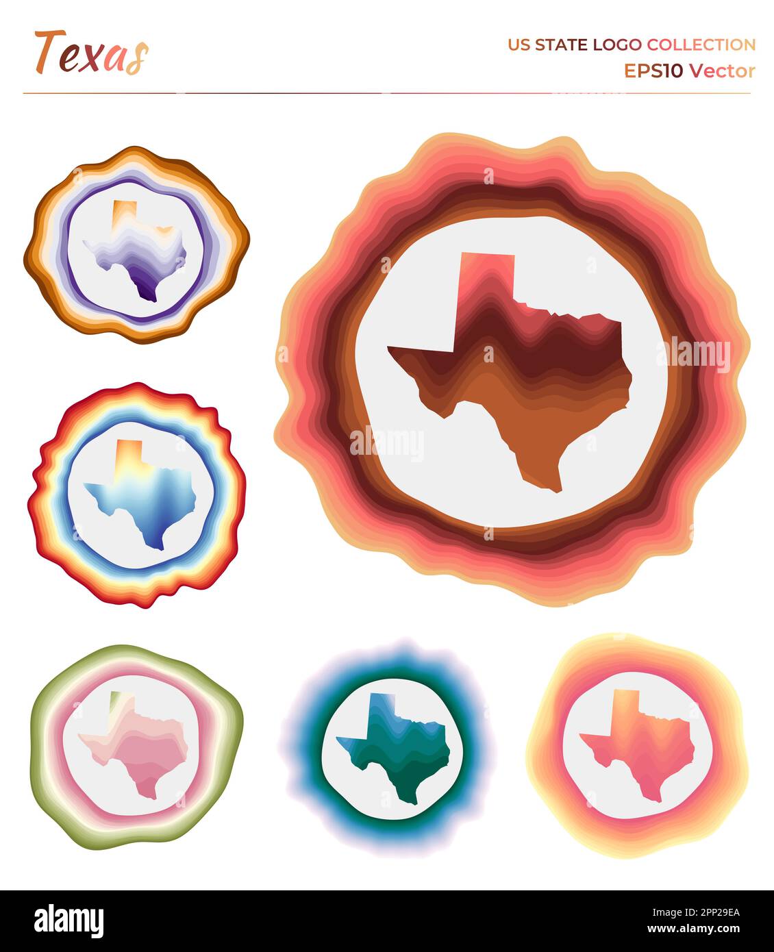 Collezione di logo Texas. Distintivo colorato dello stato degli Stati Uniti. Strati intorno alla forma del confine del Texas. Illustrazione vettoriale. Illustrazione Vettoriale