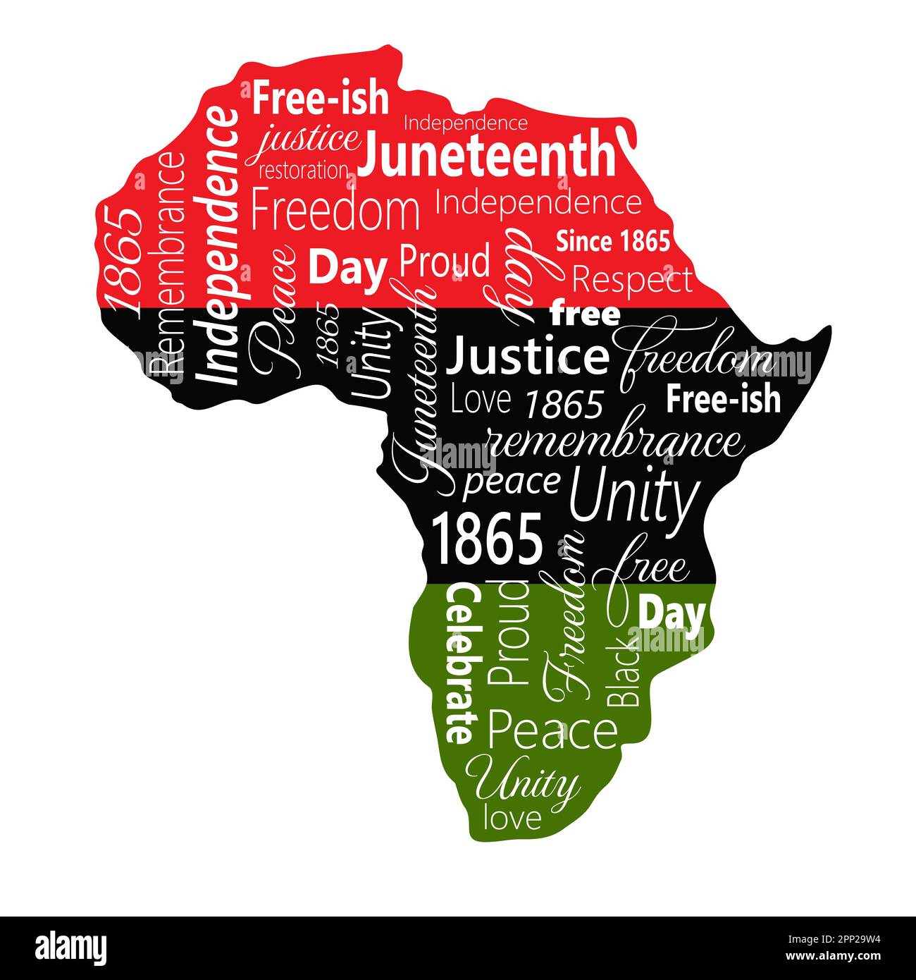 Silhouette dell'Africa nei colori della bandiera nera del mese di storia. Parole che simboleggiano la Giornata dell'Indipendenza Africana-americana, la storia e il patrimonio. Illu vettore Illustrazione Vettoriale