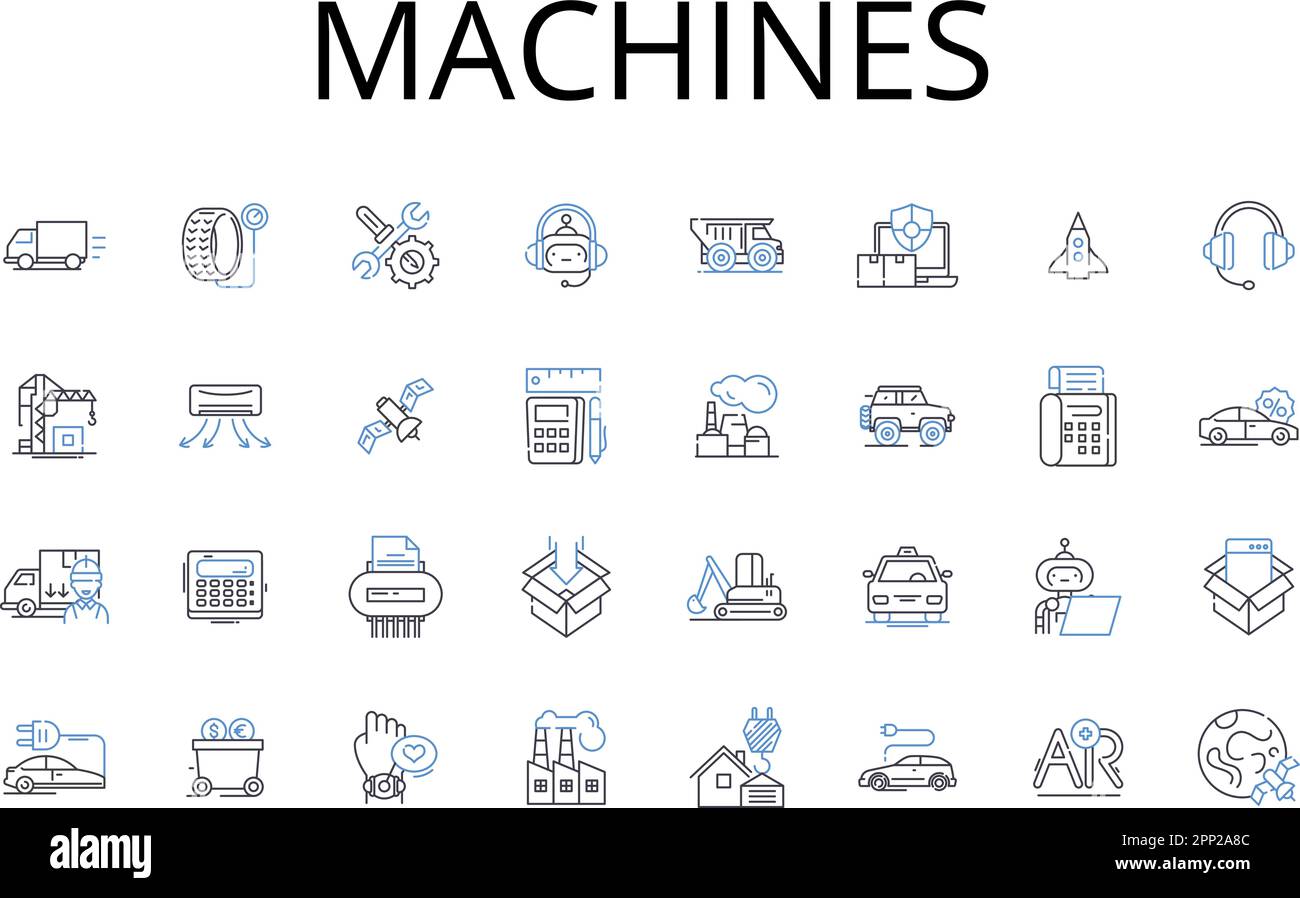 Collezione di icone della linea delle macchine. Gearworks, Automaton, meccanismi, contrazioni, robotica, Motori, apparati vettoriali e lineari Illustrazione Vettoriale
