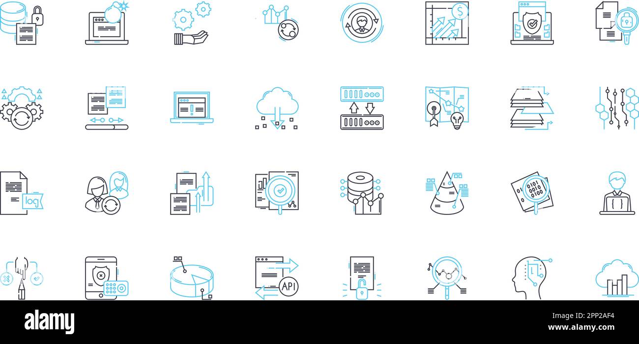 Set di icone lineari per la gestione dei dati. Database, analisi, sicurezza, backup, integrazione, Migrazione, vettore di linea di pulizia e segnali concettuali. Stoccaggio Illustrazione Vettoriale