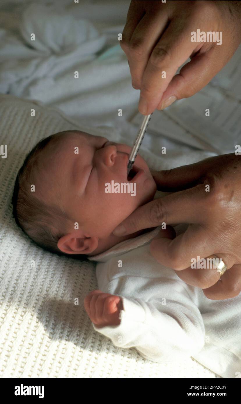 Ostetrica o infermiera che somministra per via orale la vitamina K al neonato Foto Stock