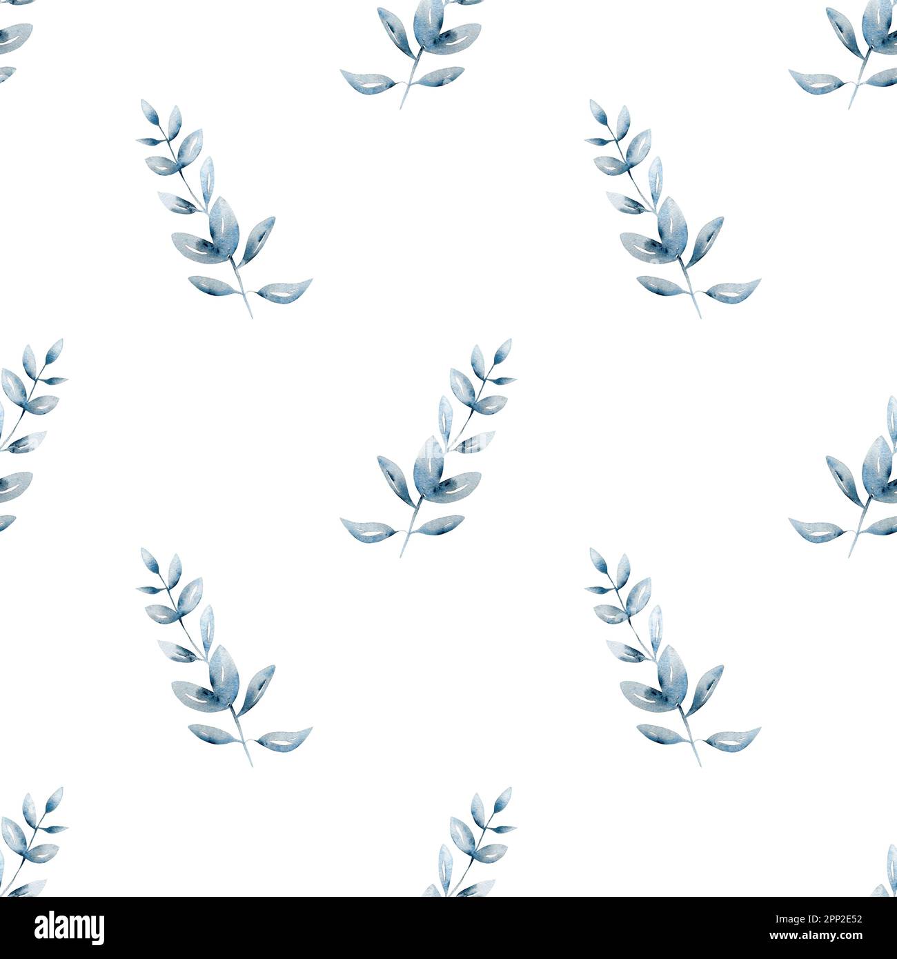 acquerello floreale e foglie senza cuciture motivo. Fogliame senza cuciture motivo di rami blu con foglie, acquerello illustrazione floreale su bianco Foto Stock