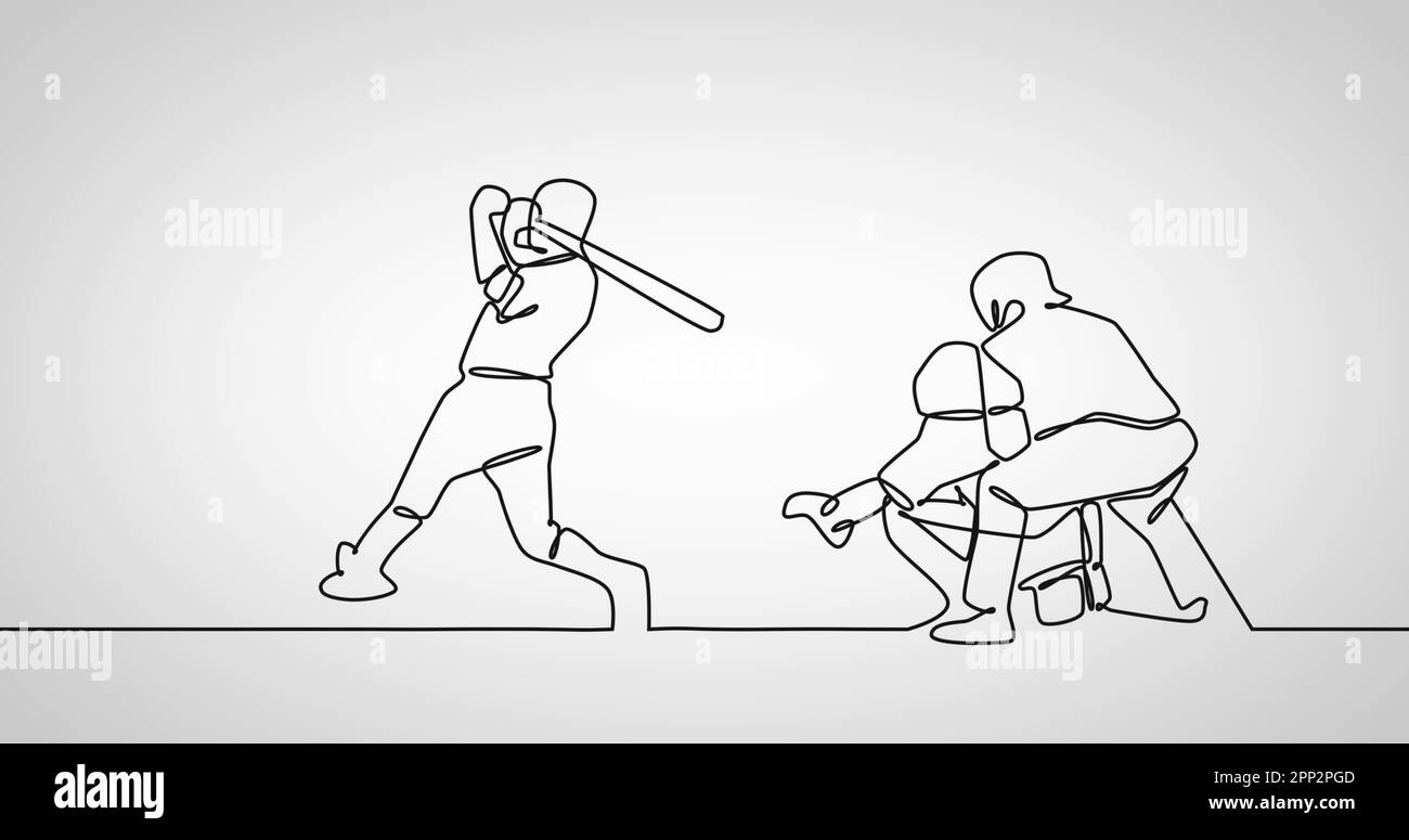 Composizione della linea di disegno con le persone che giocano a baseball su sfondo bianco Foto Stock