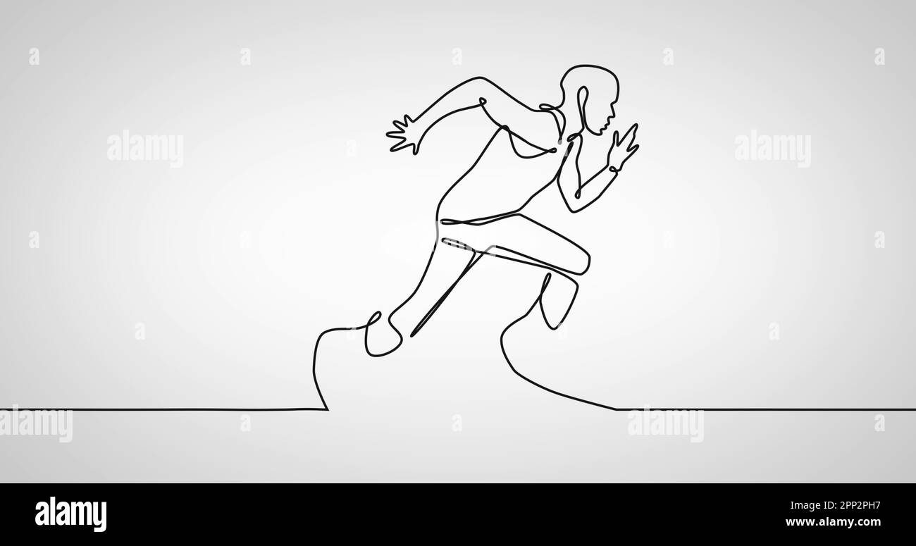Composizione della linea di disegno con l'uomo che corre su sfondo bianco Foto Stock