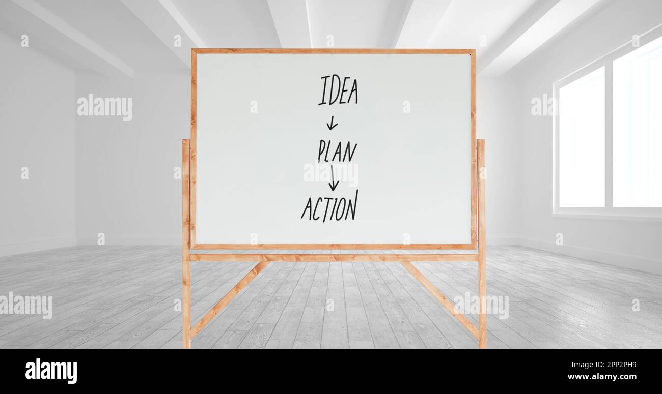 Composizione della lavagna con testo di azione del piano idea in una stanza vuota Foto Stock