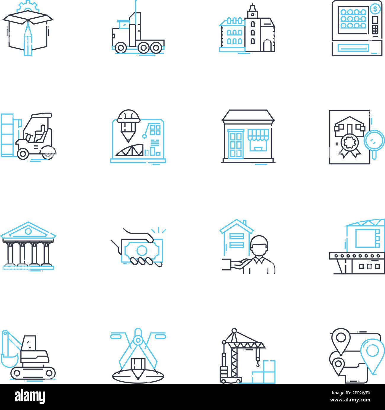 Set di icone lineari per imprese edili. Ristrutturazione, scavo, fondazione, demolizione, Falegnameria, Impianti idraulici, linee elettriche vettoriali e segnaletica concettuale Illustrazione Vettoriale