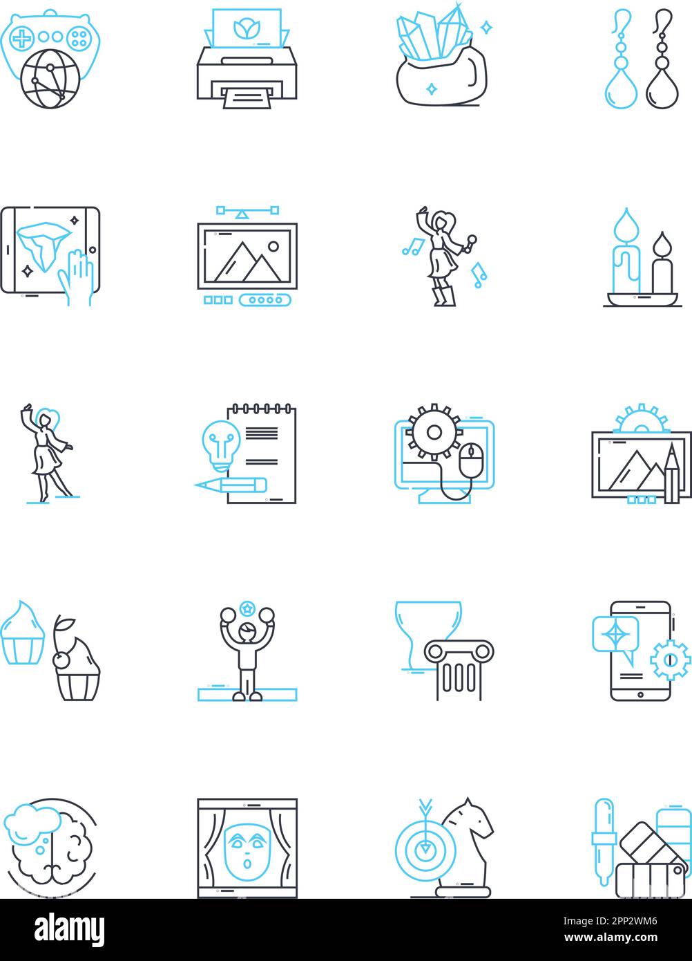 Set di icone lineari Virtual art. Digitale, virtuale, multimediale, aumentata, Cyber, D, vettore di linea interattivo e segnali concettuali. Proiezione,olografica Illustrazione Vettoriale