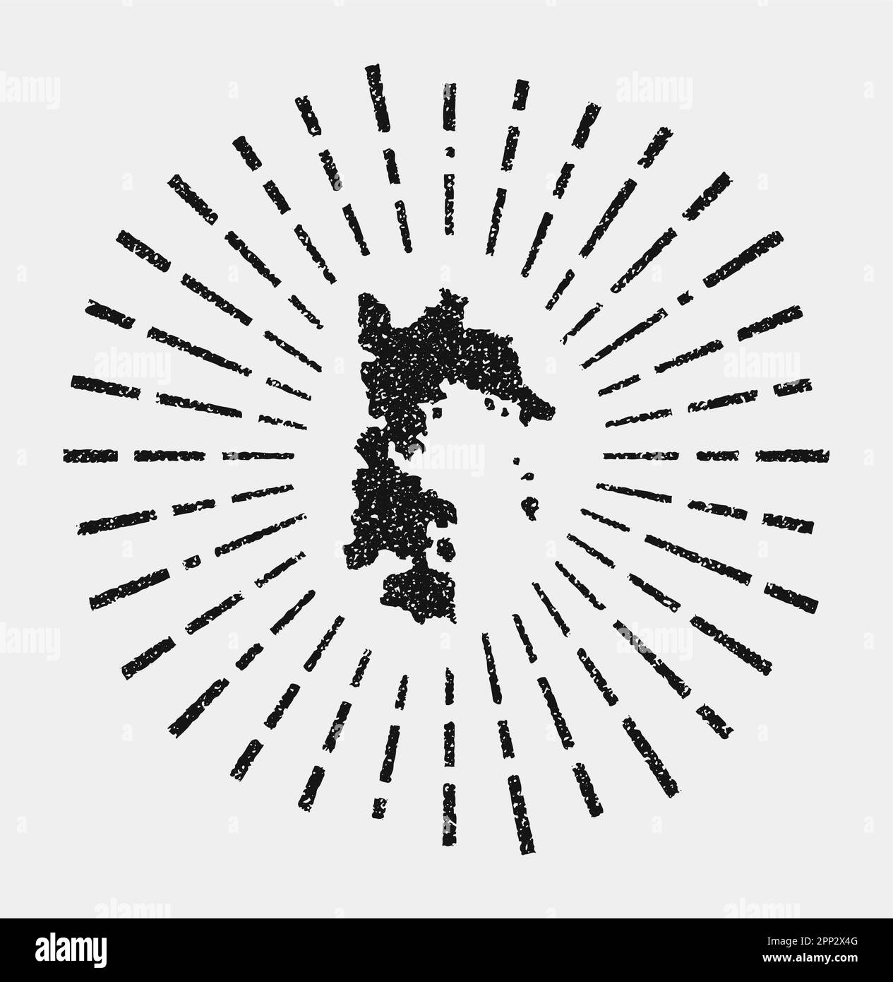 Mappa vintage di Patmos. Il sole grunge scoppiò intorno all'isola. A forma di Patmos nero con raggi solari su sfondo bianco. Illustrazione vettoriale. Illustrazione Vettoriale