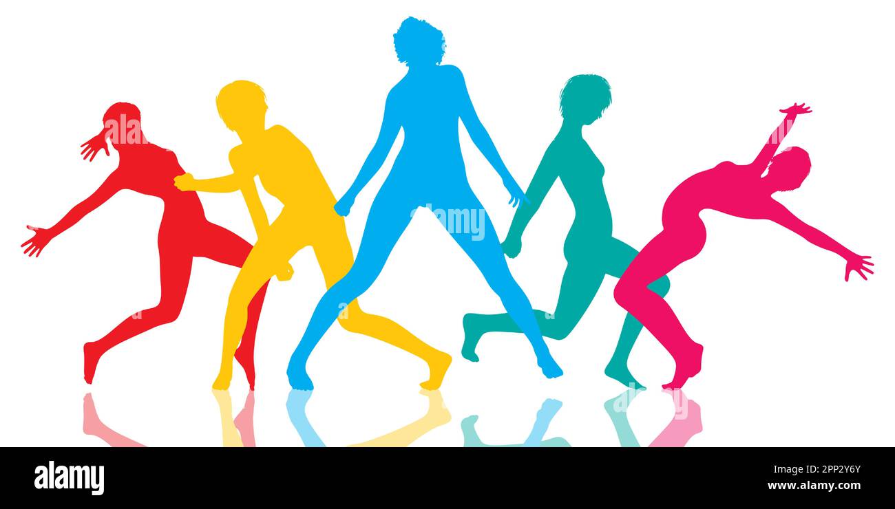 Silhouette di femmine in pose dance moderne in colori arcobaleno Illustrazione Vettoriale