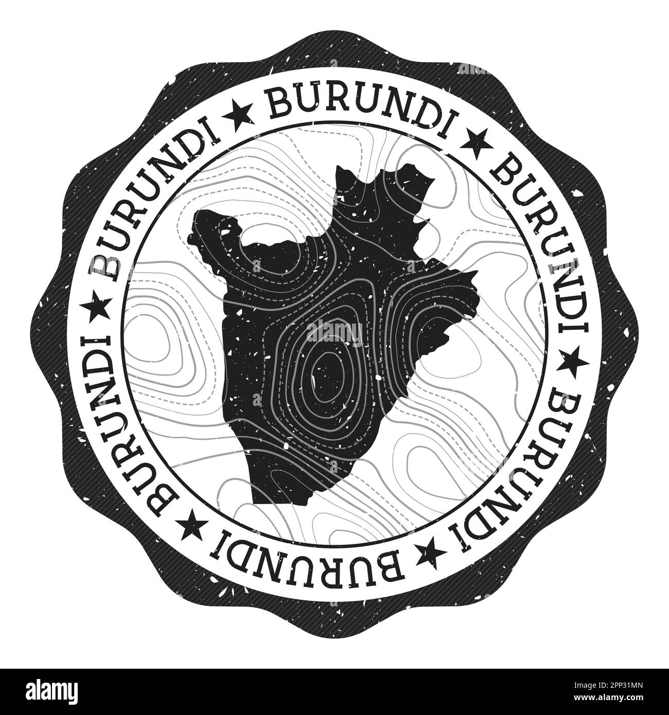 Francobollo per esterni del Burundi. Adesivo rotondo con mappa del paese con isoline topografiche. Illustrazione vettoriale. Illustrazione Vettoriale