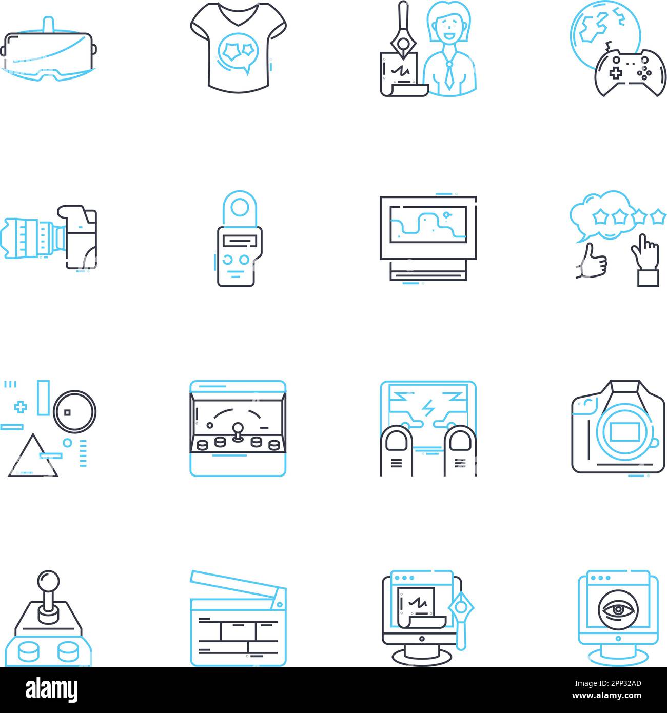 Set di icone lineari Action camera. Avventura, impermeabile, compatta, stabilizzazione, durata, HD, linee vettoriali per esterni e segnaletica concettuale. Antiurto, POV Illustrazione Vettoriale