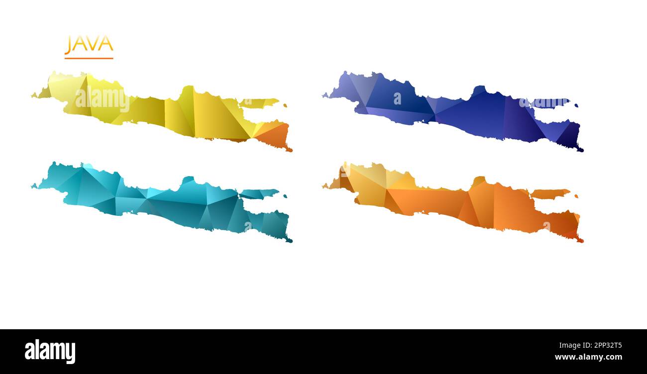 Set di mappe vettoriali poligonali di Java. Mappa a gradiente luminoso dell'isola in basso stile poly. Mappa Java multicolore in stile geometrico per le infografiche. Illustrazione Vettoriale