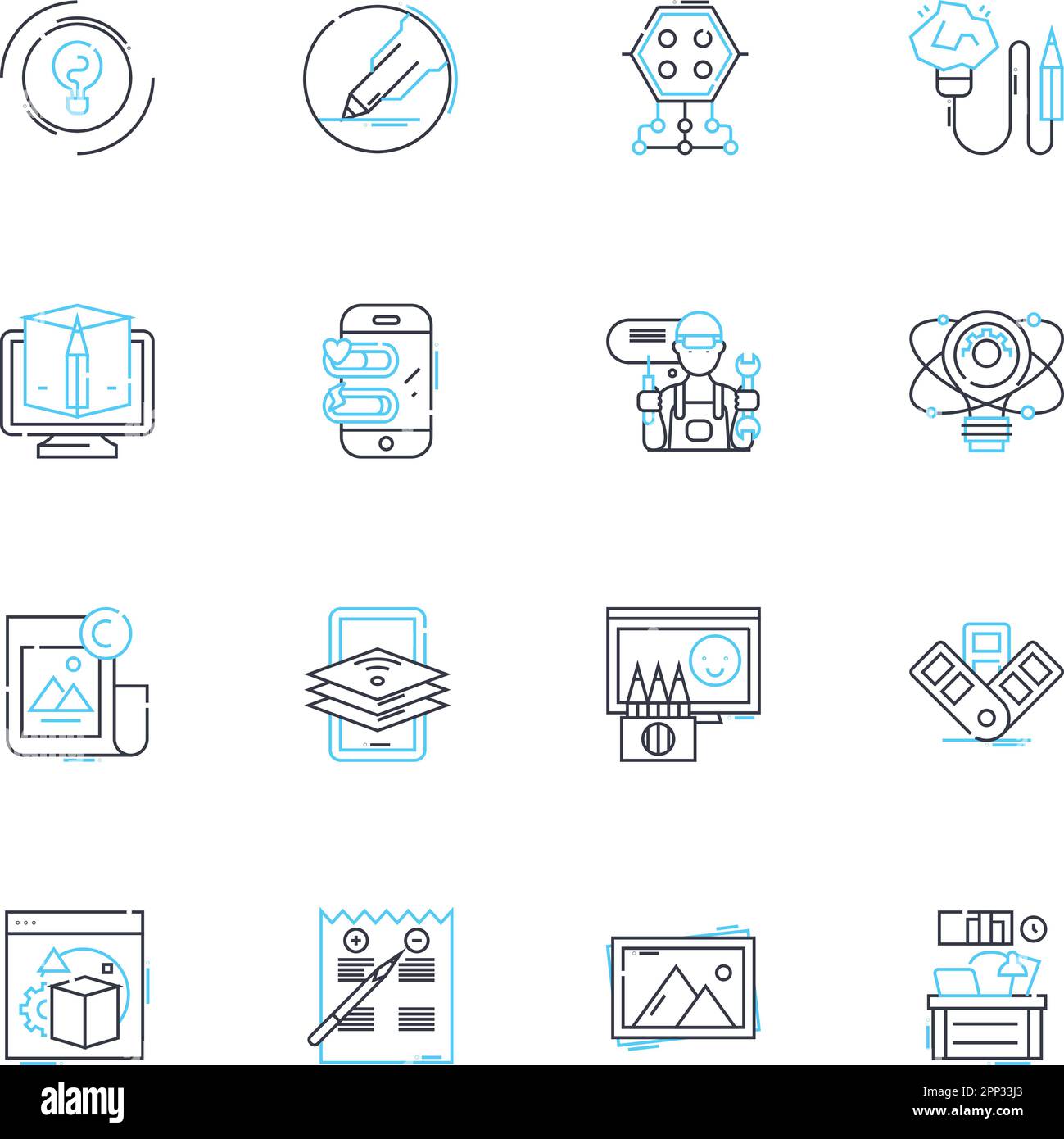 Set di icone lineari del software grafico. Progettazione, Illustrazione, vettore, rendering, Photoshop, Editing, vettore di linee di animazione e segnali concettuali. Tipografia Illustrazione Vettoriale