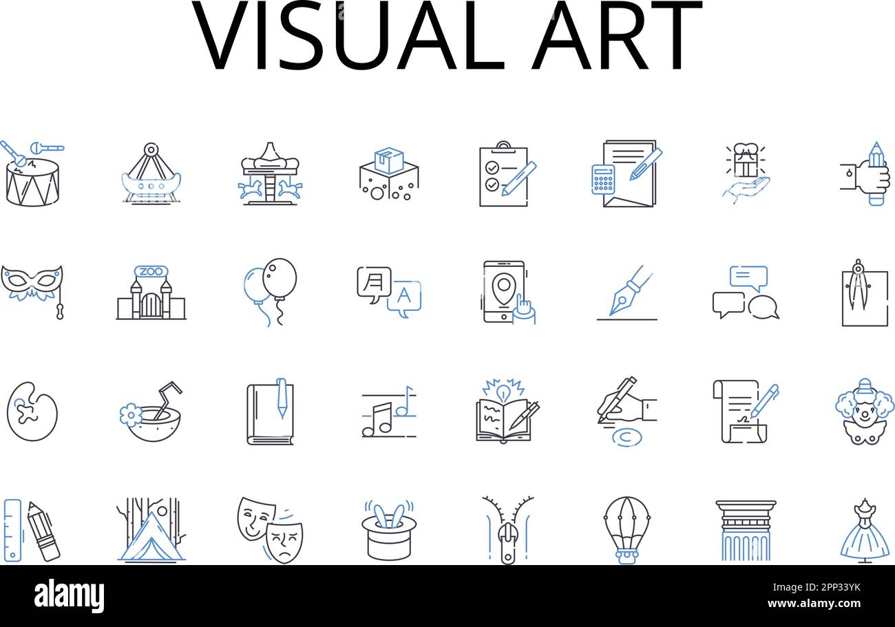 collezione di icone di linee di arte visiva. Artigianato, arti uditive, arti dello spettacolo, poesia concreta, moda di lusso, Disegno grafico, vettore di arte tessile e. Illustrazione Vettoriale