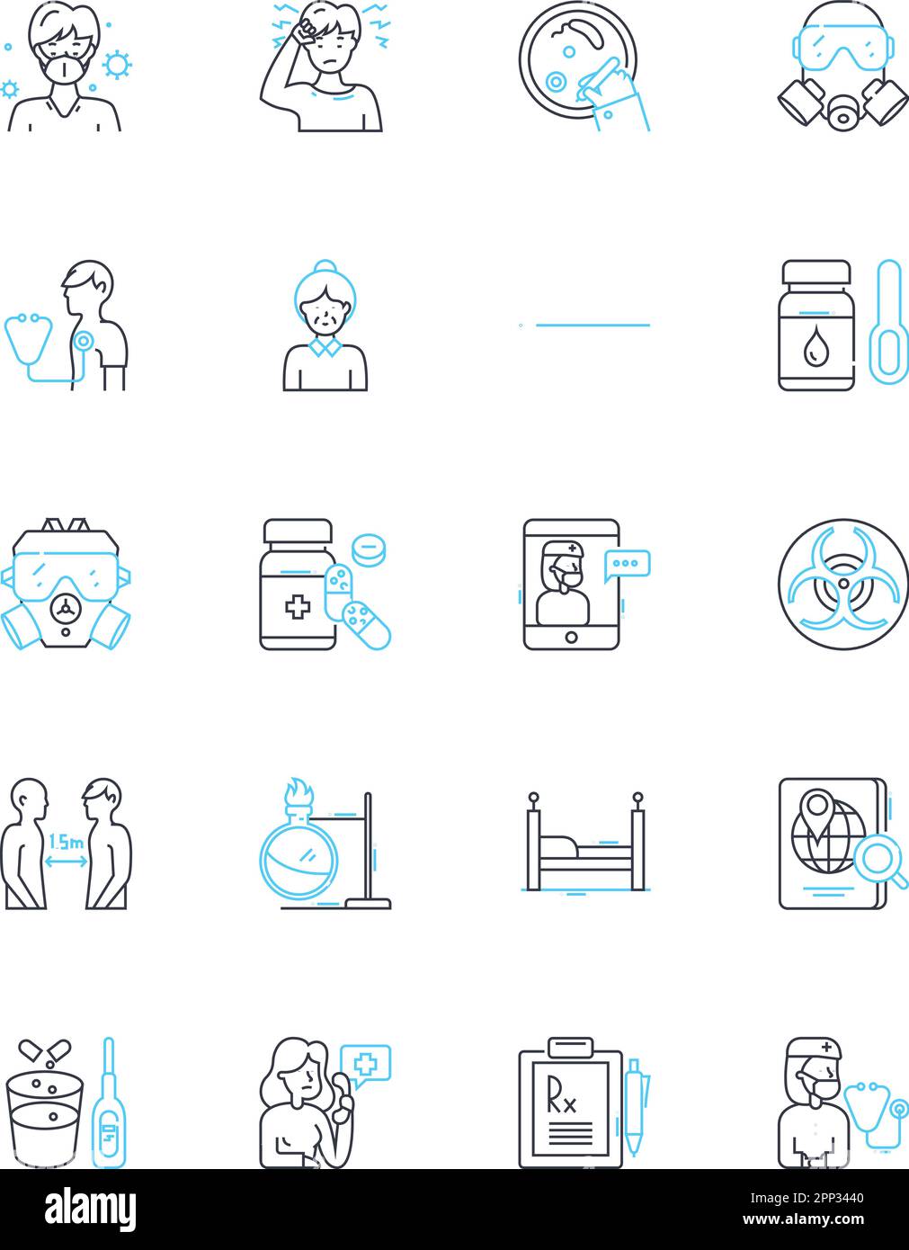 Set di icone lineari microbi. Batteri, funghi, virus, protozoi, Archaea, Peptidoglicano, vettore di linea Pili e segnali concettuali. Flagella, Capsule, plasmidi Illustrazione Vettoriale