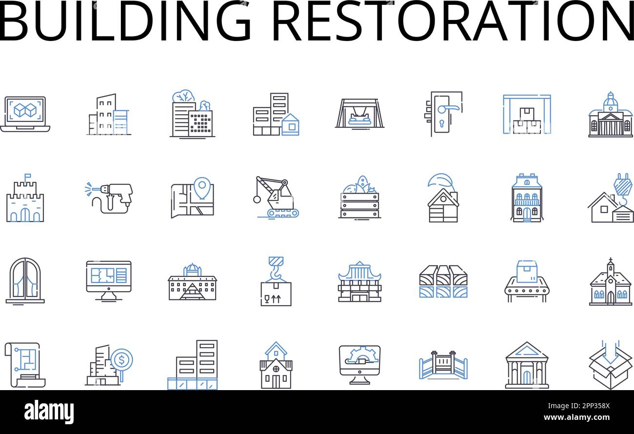 Collezione icone linea restauro edifici. Ristrutturazione di abitazioni, ristrutturazione di strutture, ristrutturazione di proprietà, riabilitazione di strutture, infrastrutture Illustrazione Vettoriale