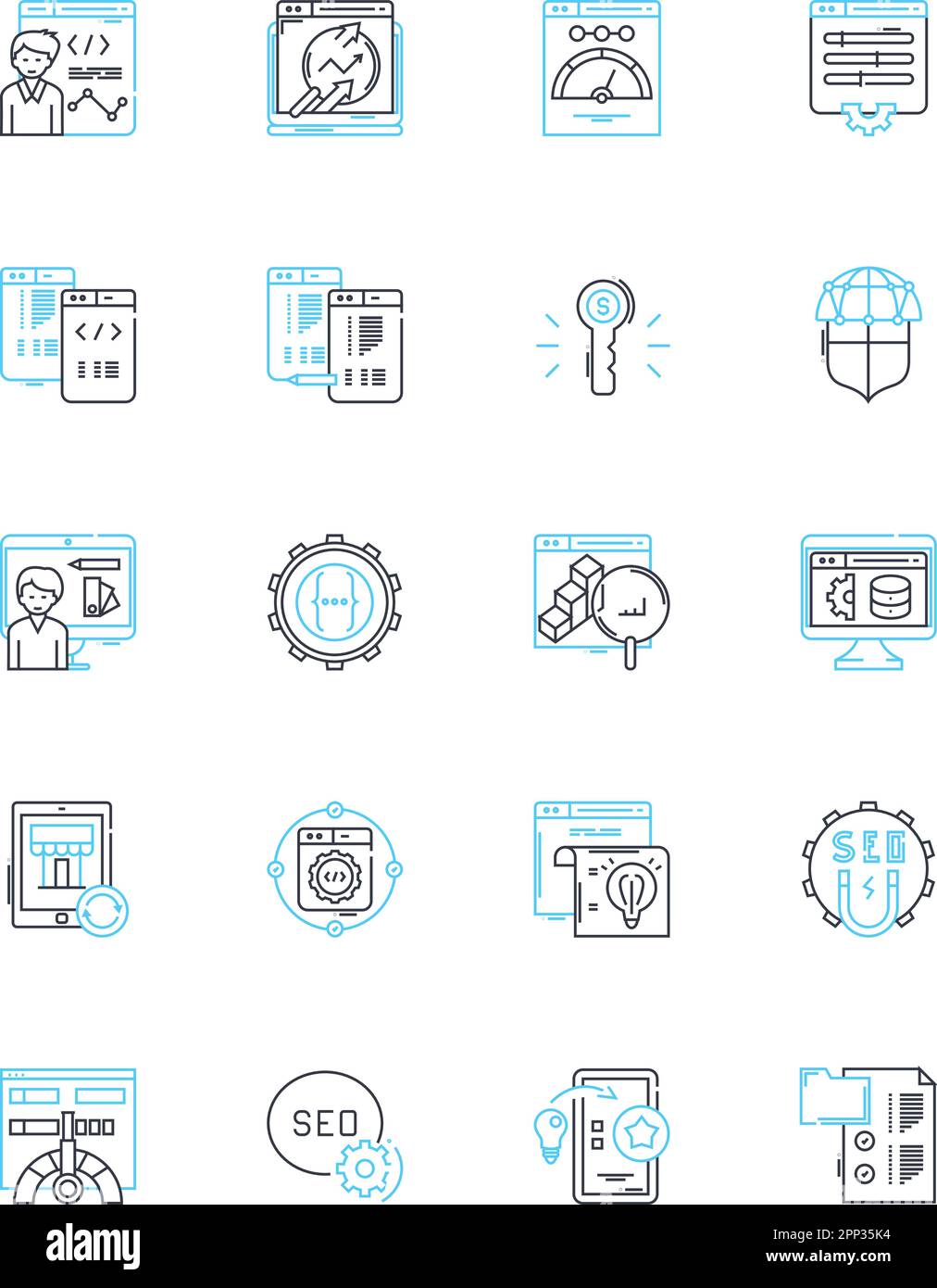 Set di icone lineari per la progettazione di e-mail. Tipografia, Layout, Grafica, Branding, modello, Segnali vettoriali e concettuali dinamici e mobili. Chiama Illustrazione Vettoriale