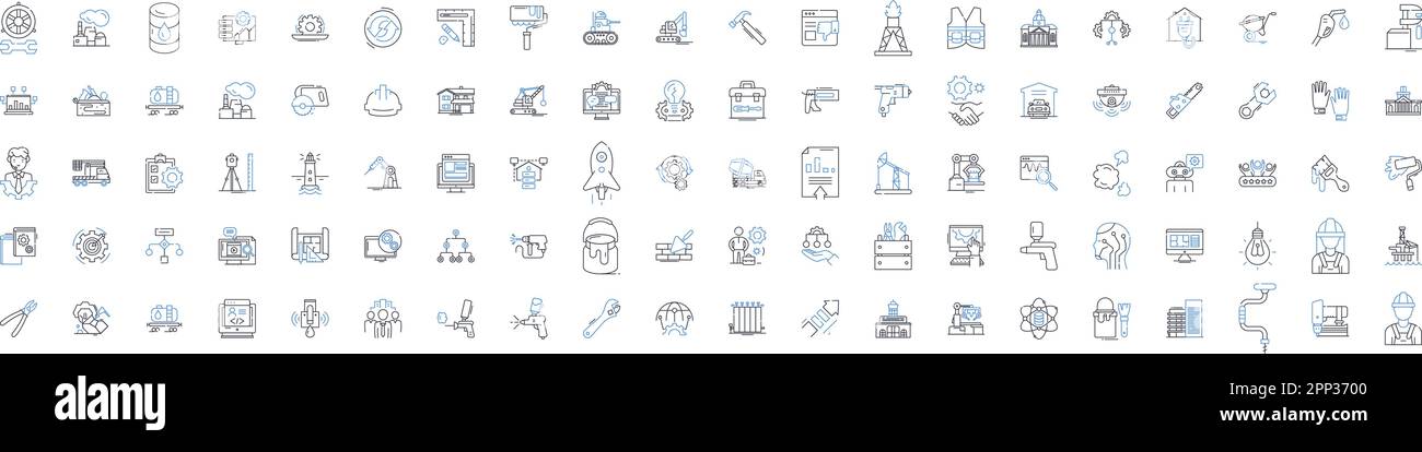 Costruire la linea commerciale icone collezione. Costruzione, costruzione di edifici, rimodellamento, Falegnameria, copertura, Impianto idraulico, vettore elettricista e illustrazione lineare Illustrazione Vettoriale