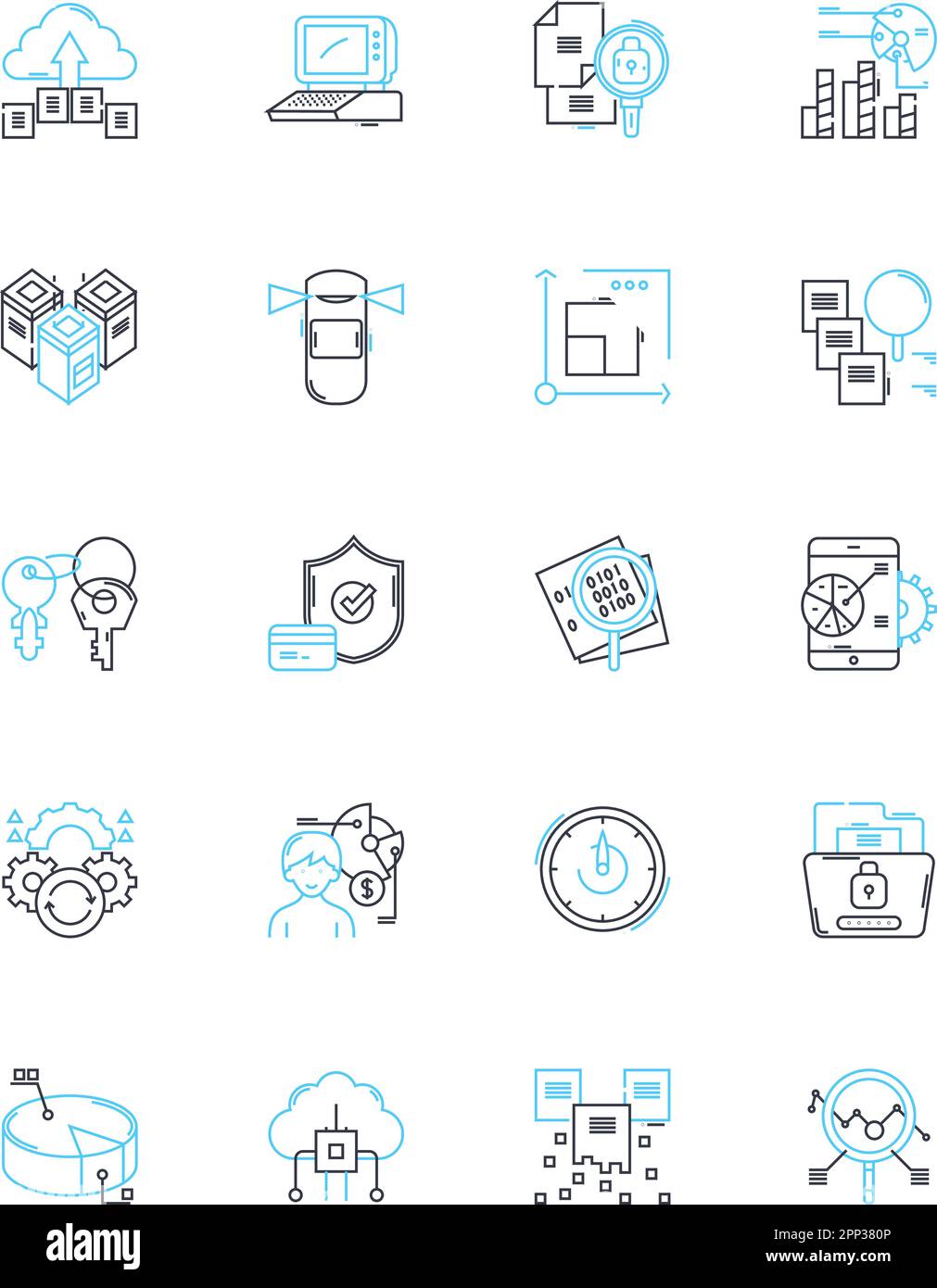 Set di icone lineari per la protezione dei dati. Crittografia, privacy, sicurezza informatica, GDPR, conformità, Backup, vettore di linea sensibile e segnali concettuali. Firewall Illustrazione Vettoriale