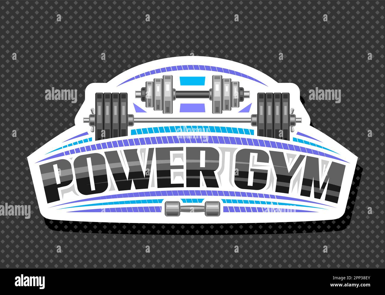 Logo vettoriale per Power Gym, cartello bianco decorativo con illustrazione di gruppi vari manubri e barbell per palestra sportiva, scritta a pennello unica Illustrazione Vettoriale