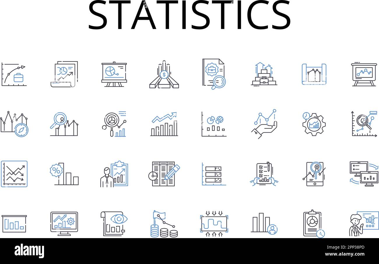 Raccolta di icone della riga delle statistiche. Teoria della probabilità, dati numerici, analisi quantitativa, sistema metrico, analisi finanziaria, Scienza dei dati Illustrazione Vettoriale