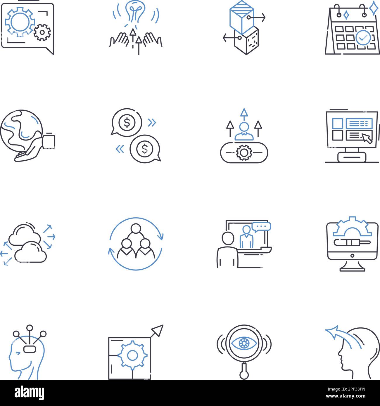 Collezione icone linea iniziative di sensibilizzazione. Collegamento, Istruzione, Difesa, inclusione, Empowerment, Supporto, vettore di Outreach e illustrazione lineare Illustrazione Vettoriale