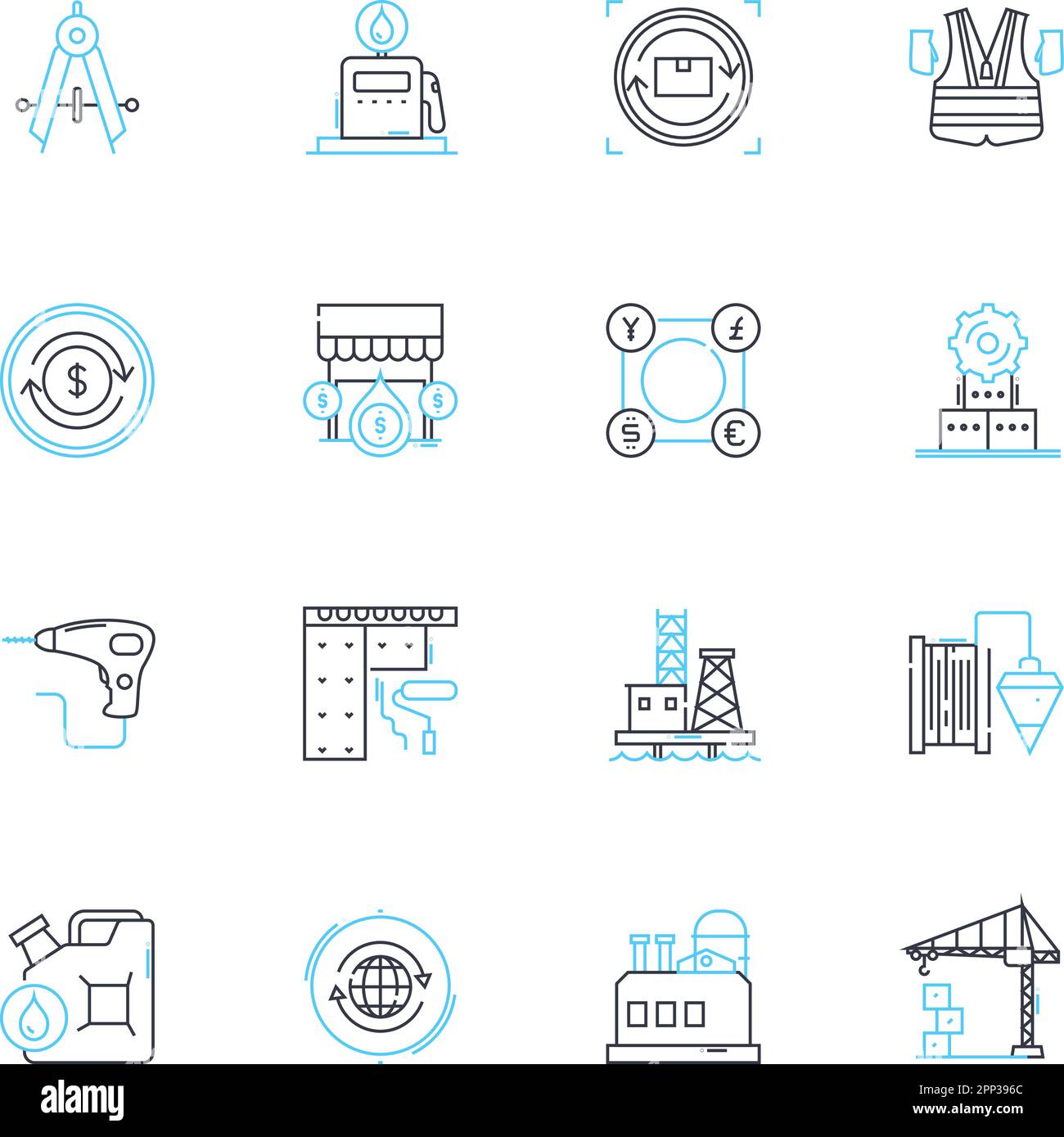Set di icone lineari per impianti di produzione. Assemblaggio, produzione, automazione, qualità, macchinari, Efficienza, linee di produzione vettoriali e segnali concettuali Illustrazione Vettoriale
