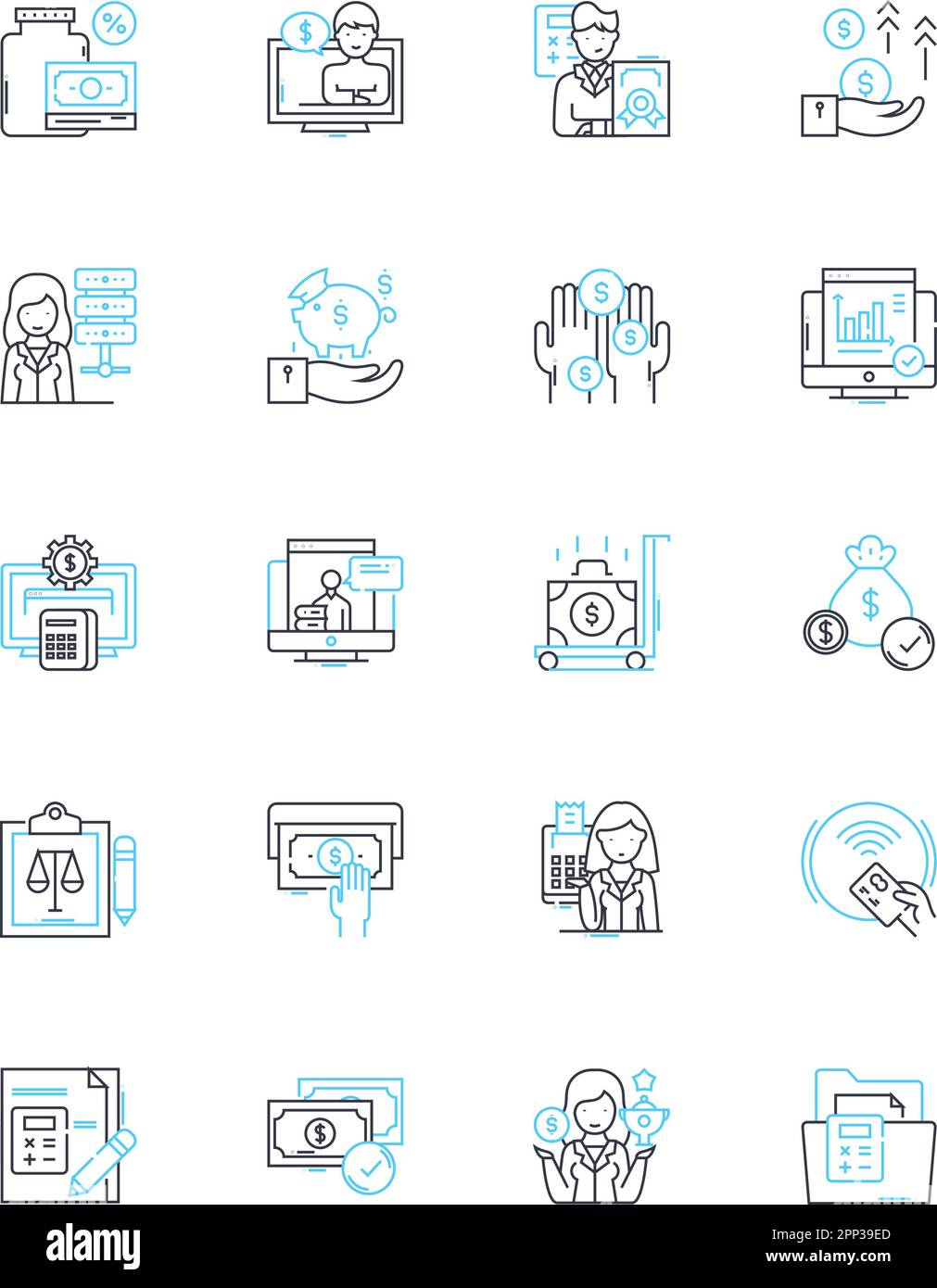 Set di icone lineari per cloud computing e storage. Virtualizzazione, scalabilità, accessibilità, mobilità, sicurezza, Vettore di linea di backup, ripristino di emergenza Illustrazione Vettoriale