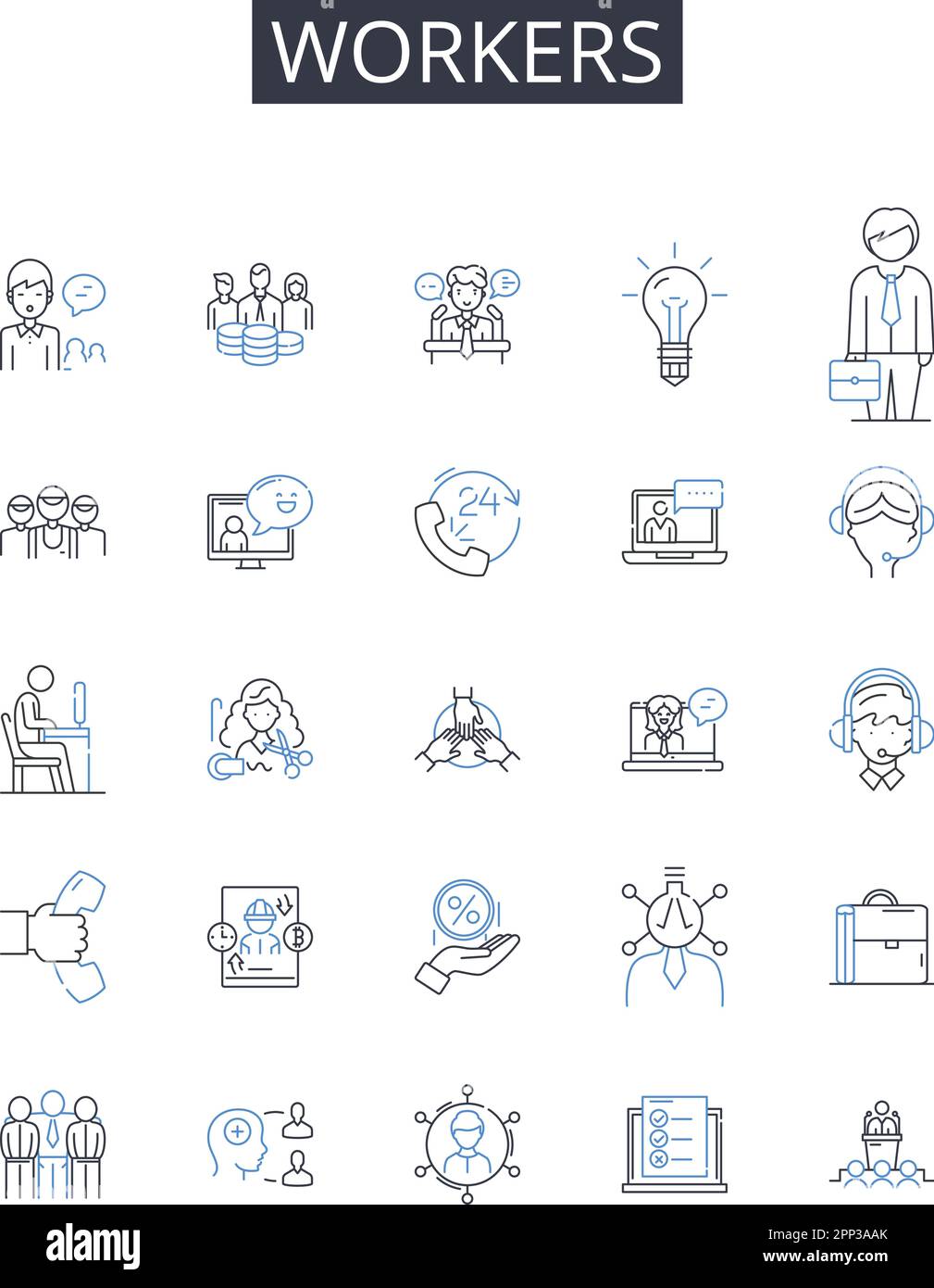Collezione di icone della linea Workers. Dipendenti, personale, lavoratori, operatori, personale, Colleghi, colleghi, figure vettoriali e lineari. Associati Illustrazione Vettoriale