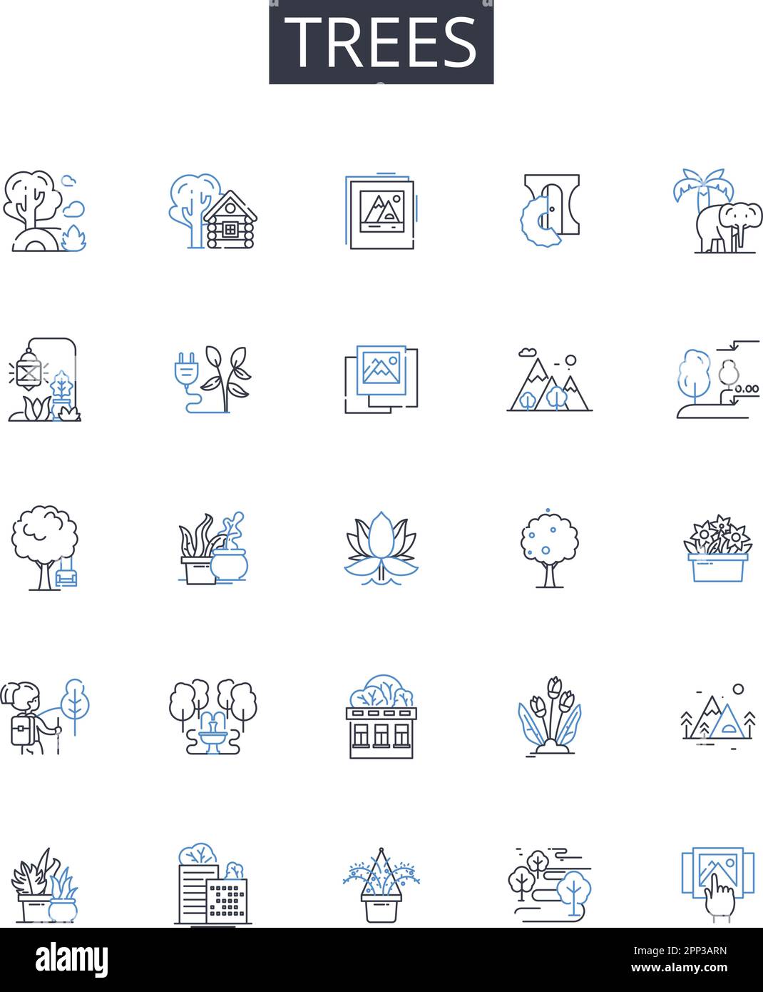Alberi linea icone raccolta. Forest, Woodland, Grove, Orchard, Plantation, Illustrazione copse, Stand Vector e lineare. Timberland, Thicket, Arboreto Illustrazione Vettoriale