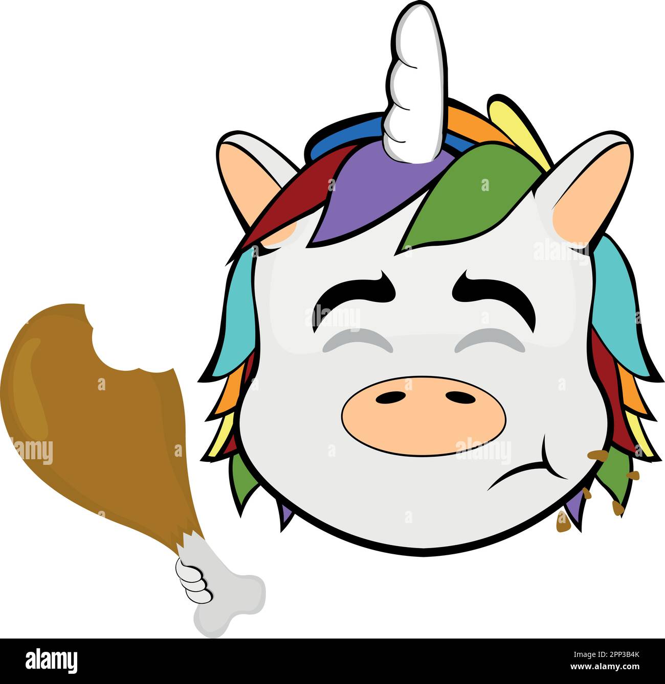 Immagine vettoriale faccia di un fumetto unicorno mangiare una coscia di pollo Illustrazione Vettoriale