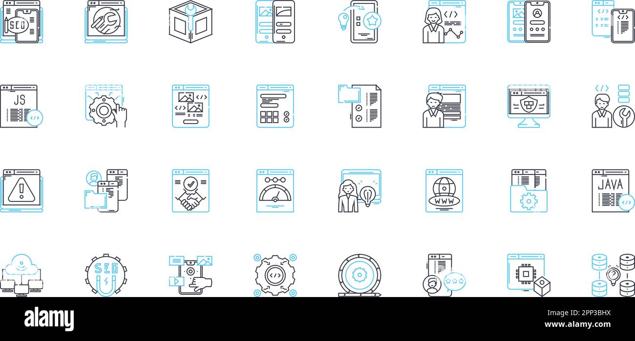 Set icone lineari di progettazione. Innovazione, precisione, progettazione, risoluzione dei problemi, ingegnosità, Creatività, tecnologia vettore di linea e segnali concettuali. Efficienza Illustrazione Vettoriale