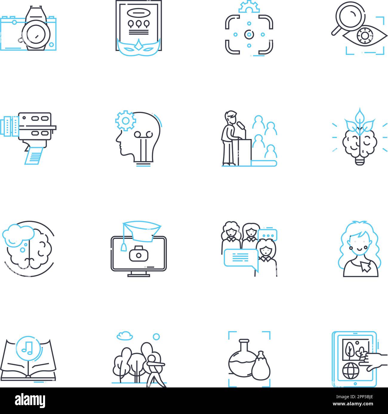 Set di icone lineari Racconti. Avventura, Cultura, Wanderlust, esplorazione, viaggio, Diversità, vettore di linea di eccitazione e segnali concettuali. Scoperta Illustrazione Vettoriale