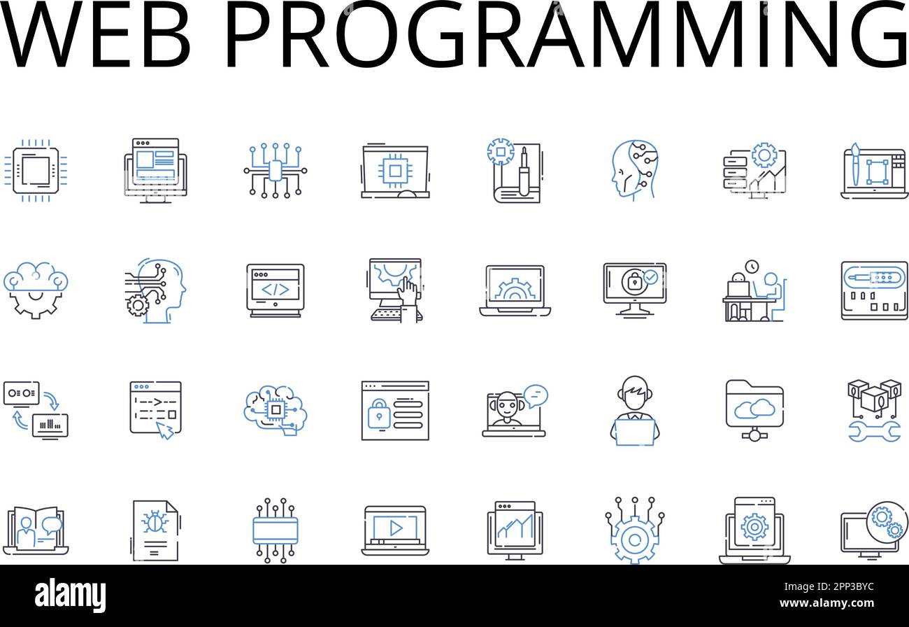 Raccolta di icone della riga di programmazione Web. Sviluppo mobile, progettazione di videogame, analisi dei dati, progettazione grafica, interfaccia utente, Design front-end, back-end Illustrazione Vettoriale
