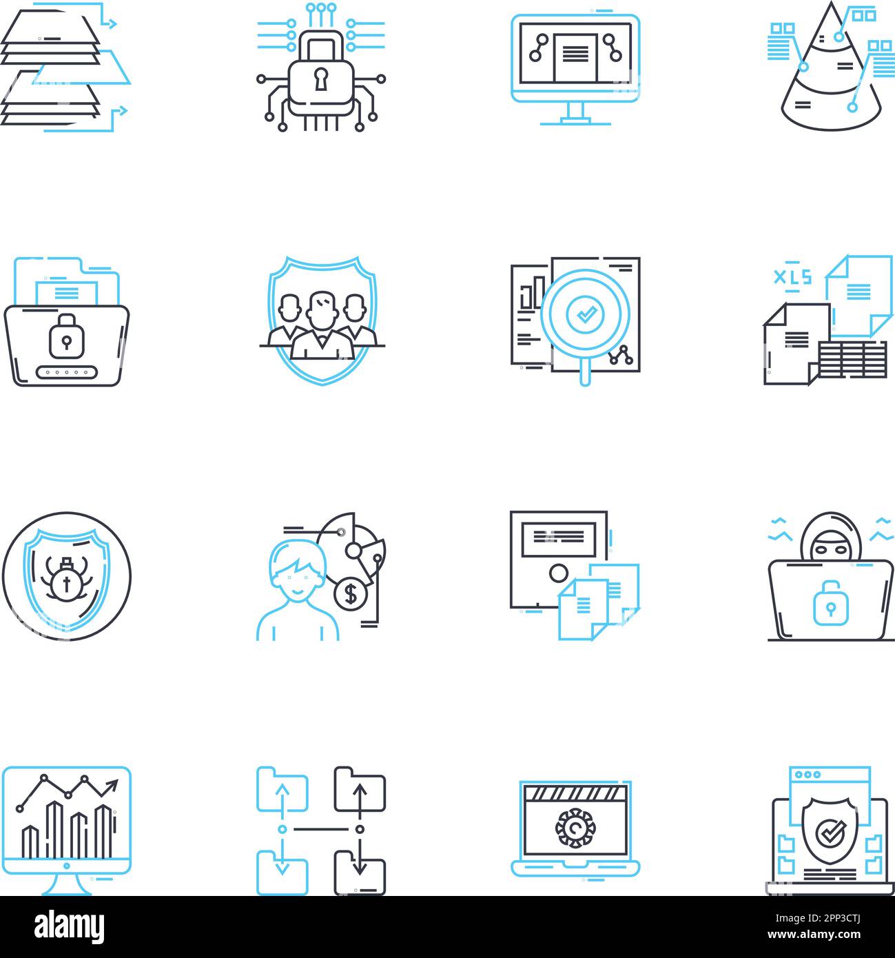Set di icone lineari per la protezione dei dati. Crittografia, privacy, sicurezza informatica, GDPR, conformità, Backup, vettore di linea sensibile e segnali concettuali. Firewall Illustrazione Vettoriale