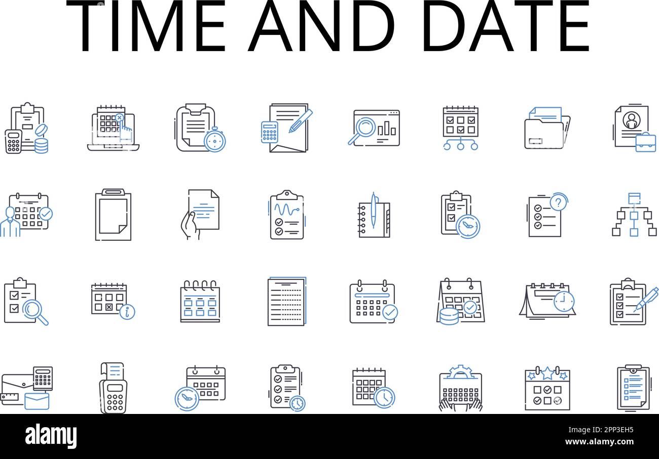 Raccolta delle icone delle righe di data e ora. Durata, lunghezza, intervallo, periodo, età, Illustrazione del momento, del vettore orario e lineare. Minuto,secondo,Calendario Illustrazione Vettoriale