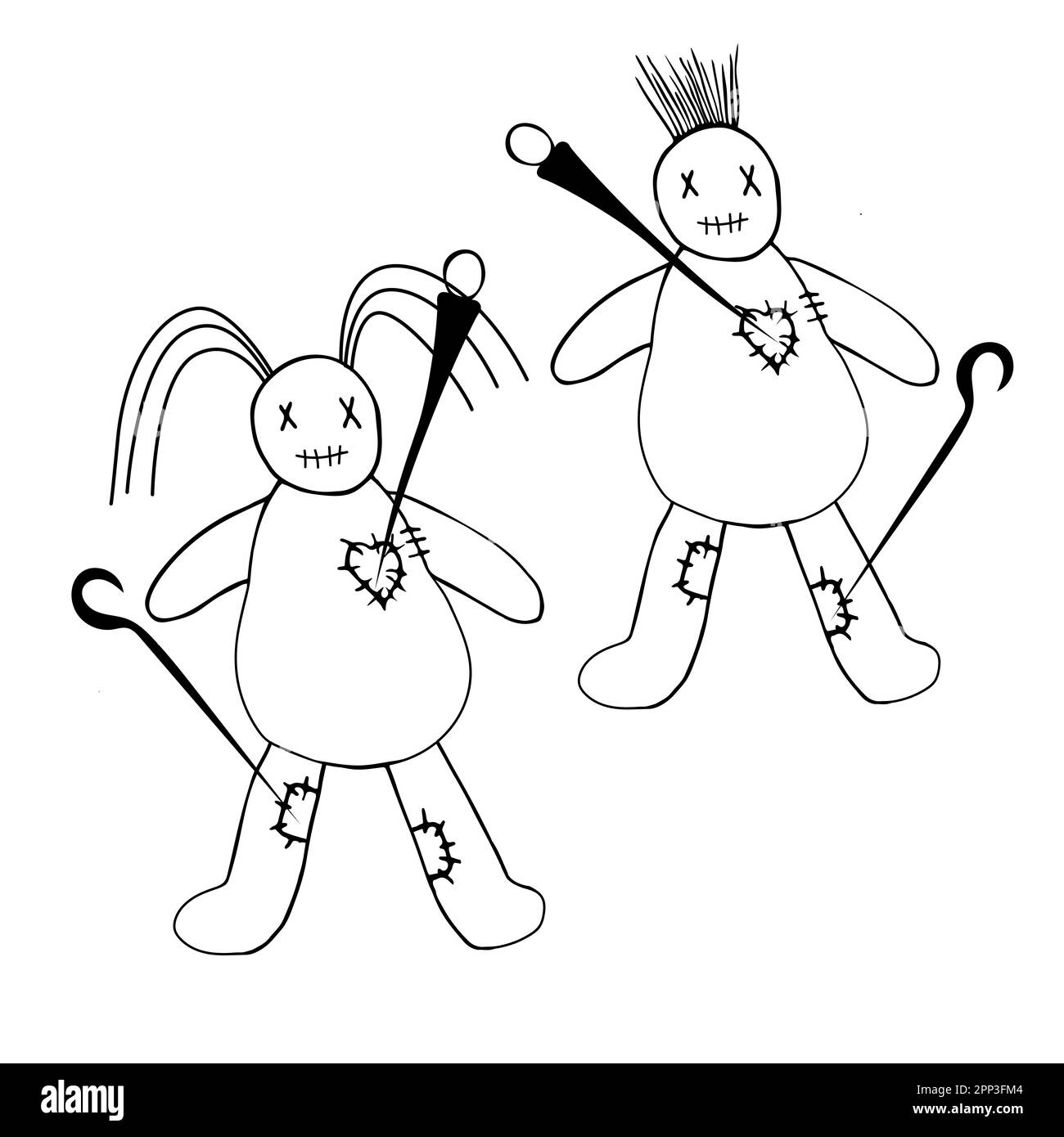 Illustrazione vettoriale di due bambole di voodoo disegnate a mano che sono state forate con spilli. Una bambola di mans e di una donna voodoo. Illustrazione Vettoriale