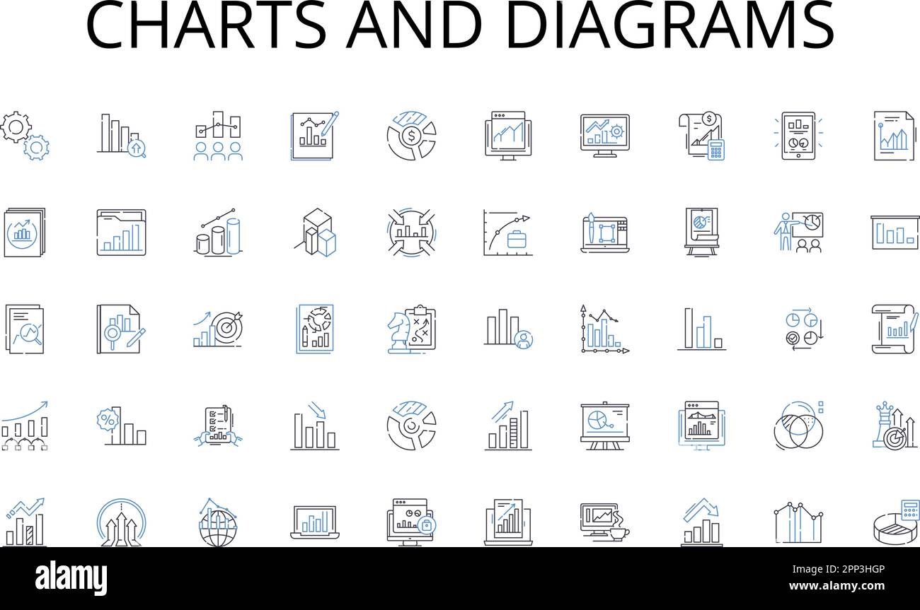 Grafici e diagrammi linea icone raccolta. software, hardware, programmazione, sicurezza informatica, nerking, database, vettore di sviluppo web e lineare Illustrazione Vettoriale