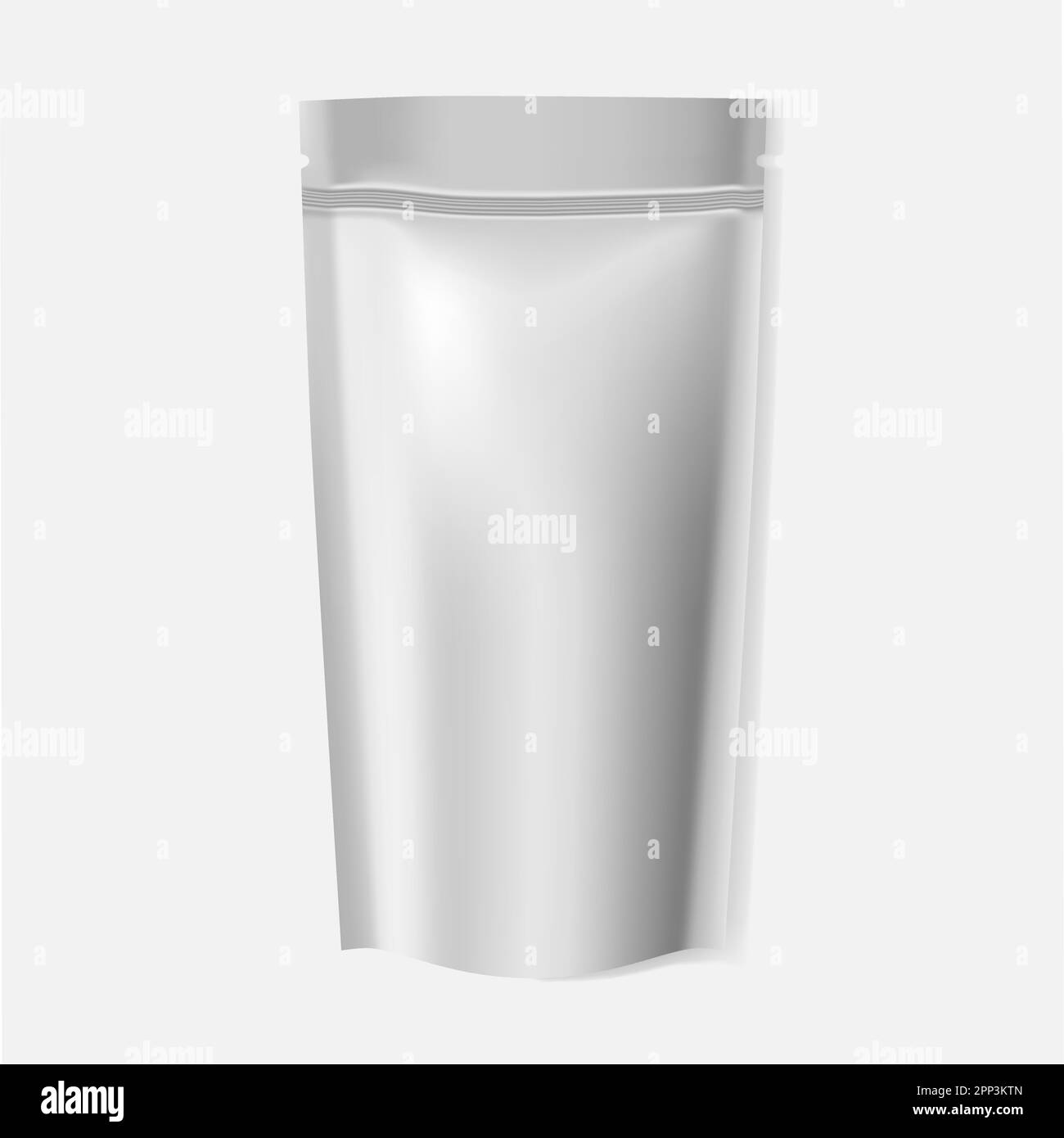 Custodia in plastica vuota o in alluminio con cerniera, realistica simulazione vettoriale. Borsa da imballaggio con chiusura a zip e tacche di strappo sulla parte superiore, mockup Illustrazione Vettoriale